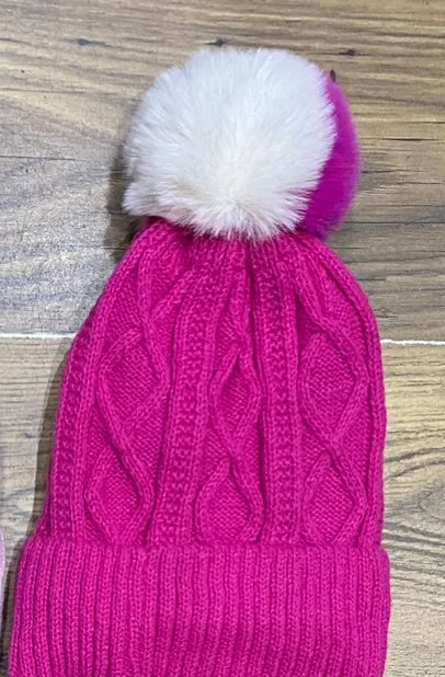 Cable Knit Two Tone Pom Pom Hat With Fleece Lining (5 Colours)