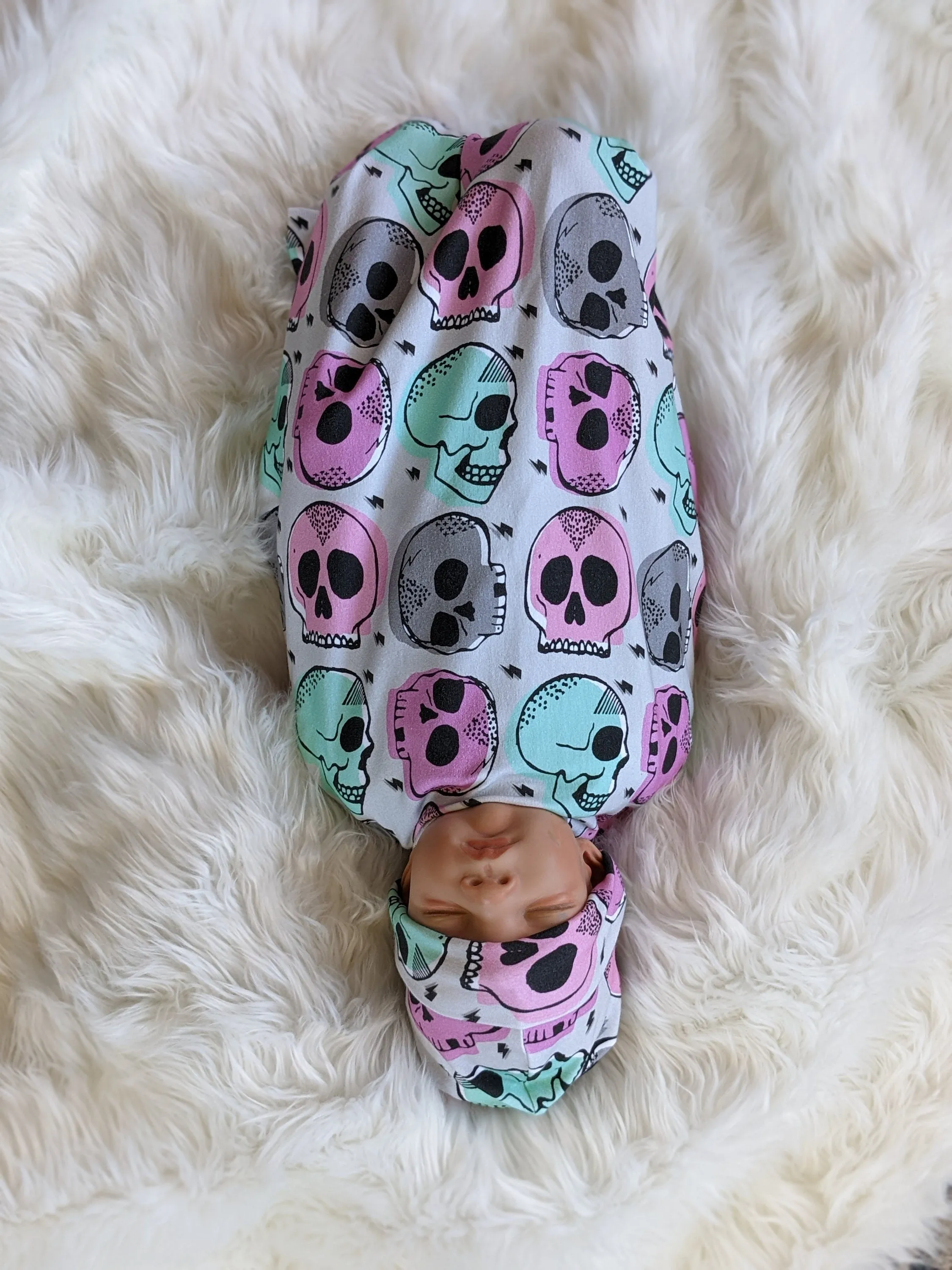 Candy Skull Baby Blanket, Girl Skulls in Pink Mint Baby Swaddle Blanket   matching Hat or Headband,Goth Baby