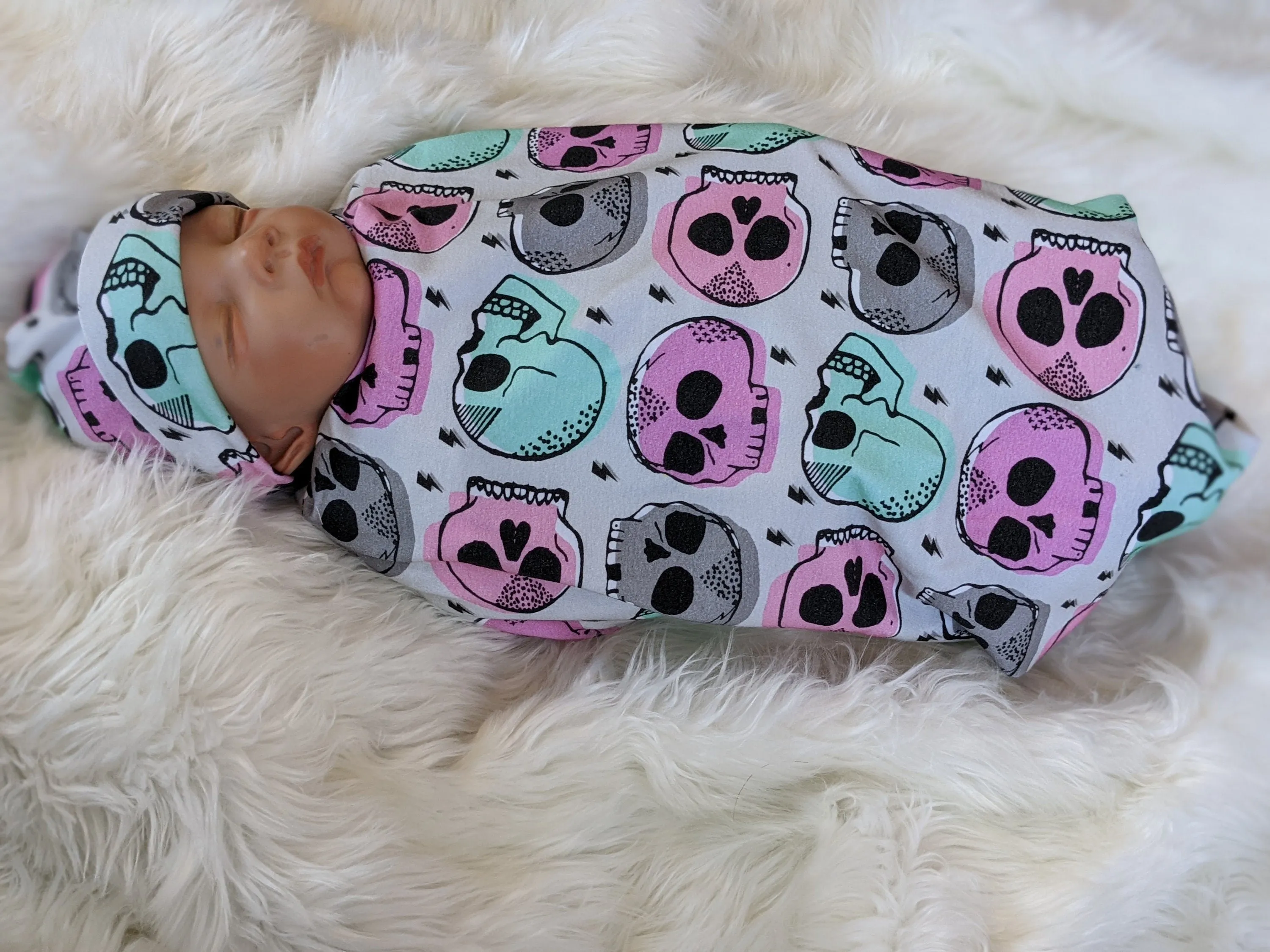 Candy Skull Baby Blanket, Girl Skulls in Pink Mint Baby Swaddle Blanket   matching Hat or Headband,Goth Baby