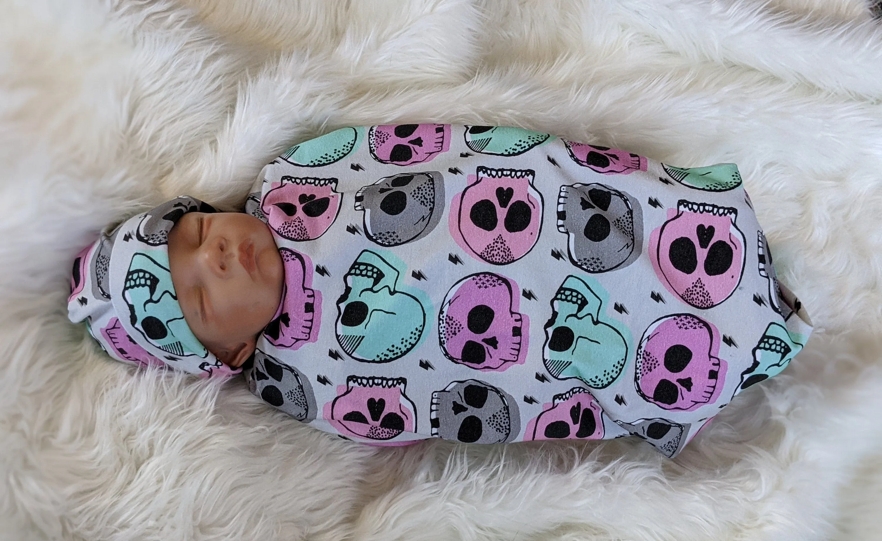 Candy Skull Baby Blanket, Girl Skulls in Pink Mint Baby Swaddle Blanket   matching Hat or Headband,Goth Baby