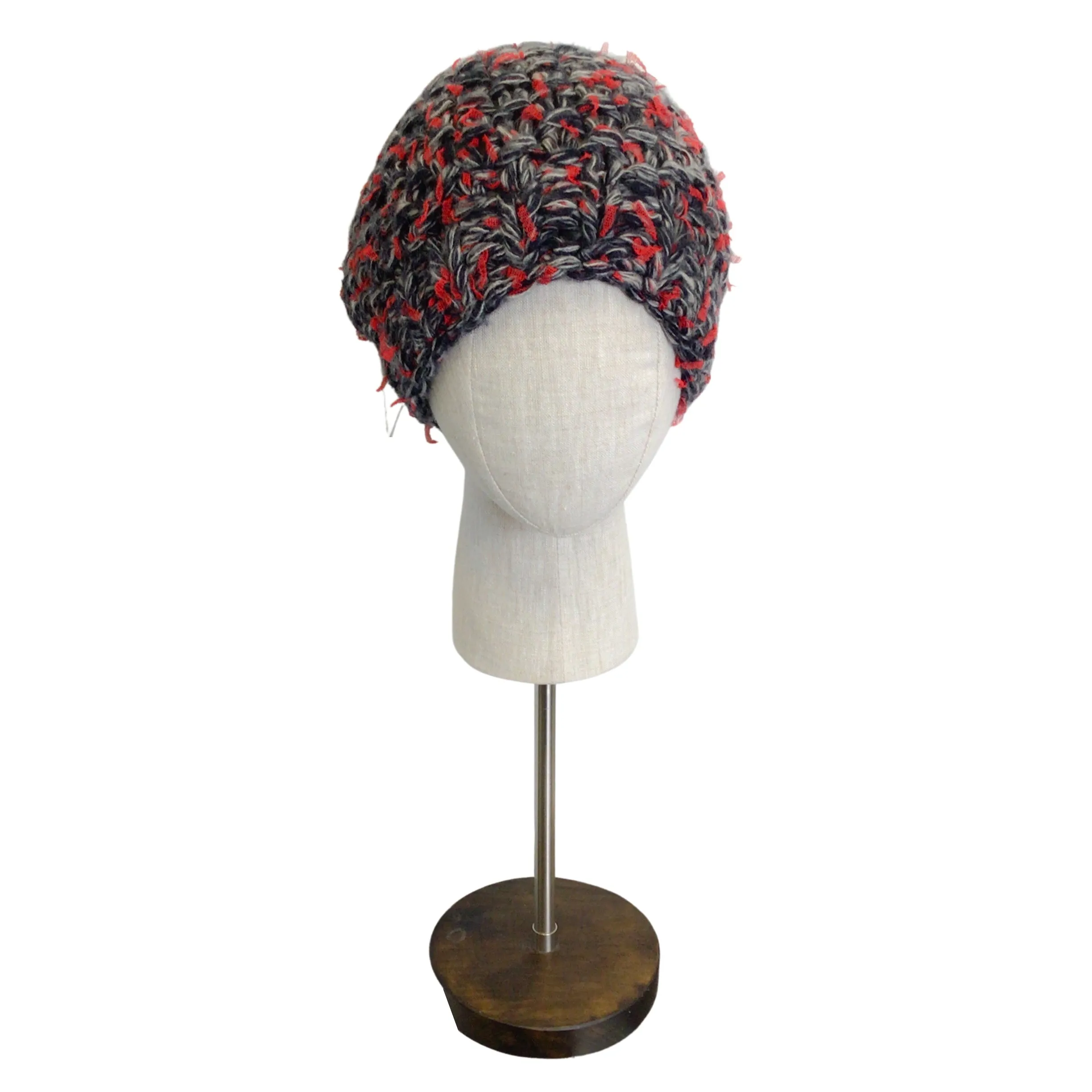 Chanel Red / Grey / Black Woven Cashmere and Silk Chunky Knit Pom Pom Beanie / Hat