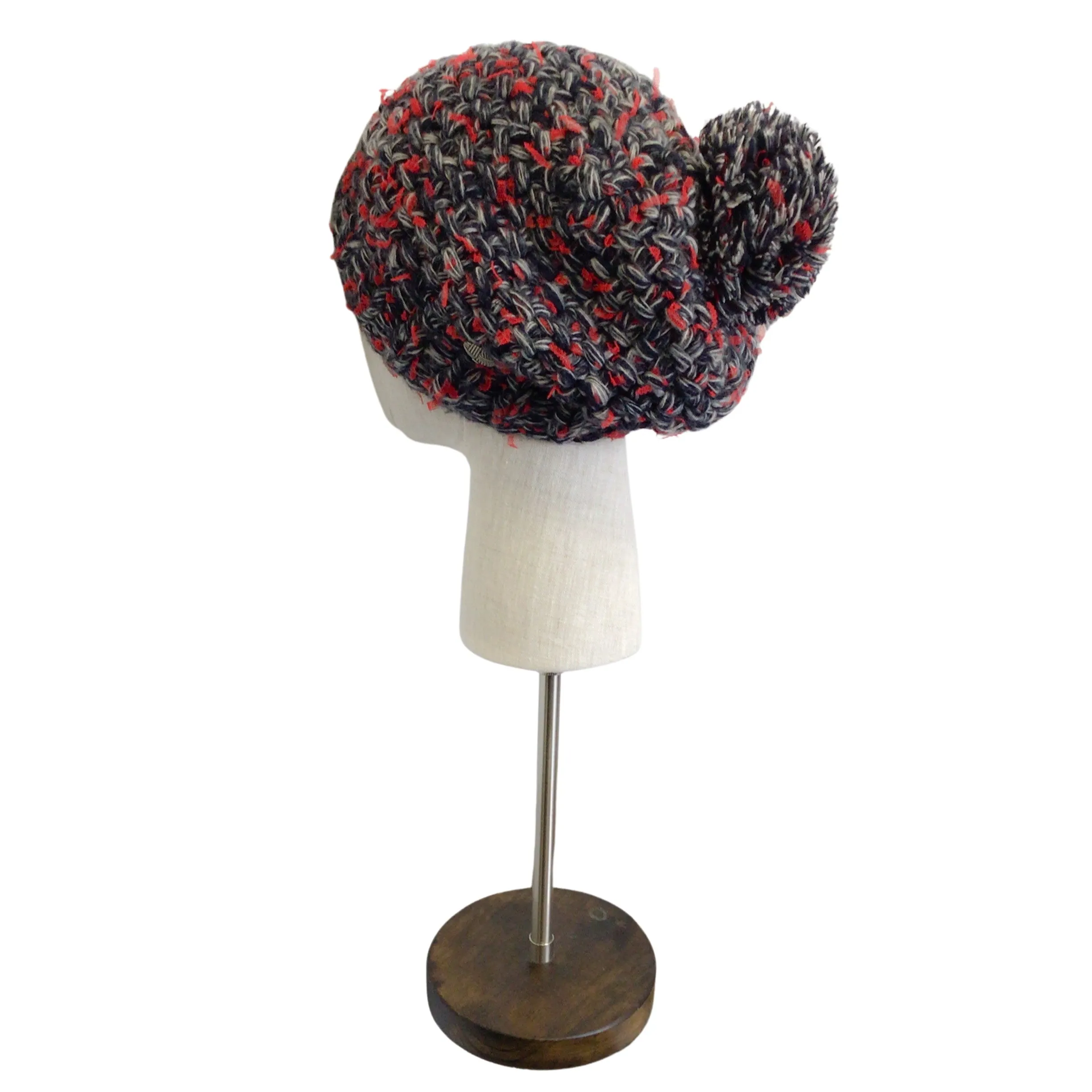 Chanel Red / Grey / Black Woven Cashmere and Silk Chunky Knit Pom Pom Beanie / Hat