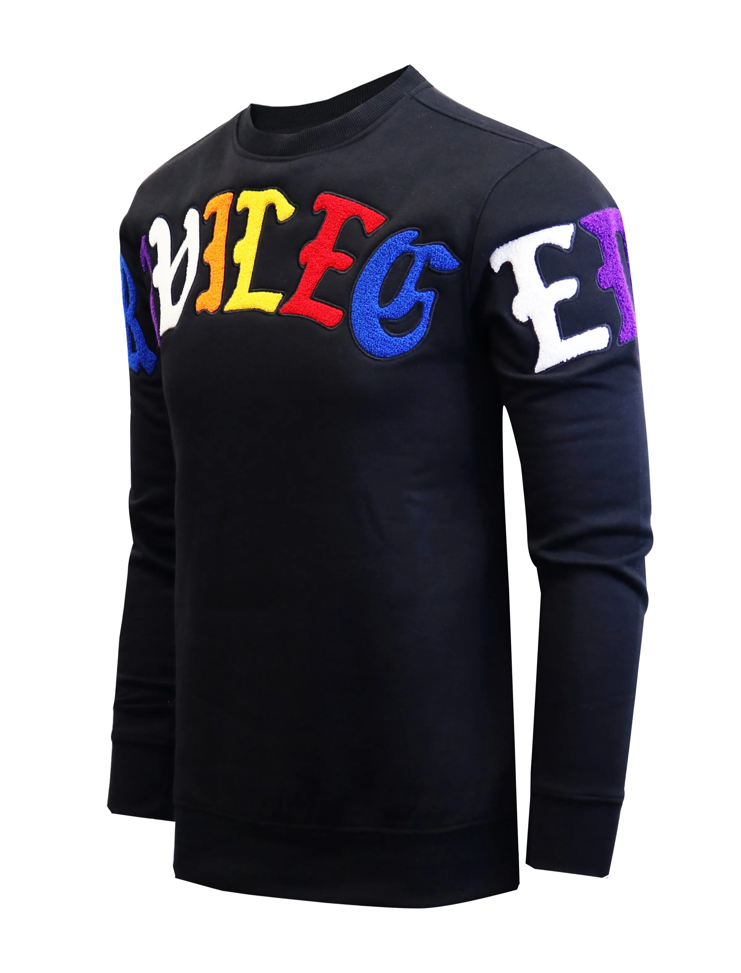 CHENILLE EMBROIDERY CREW NECK FLEECE SWEAT SHIRTS-F11055 (BLACK)