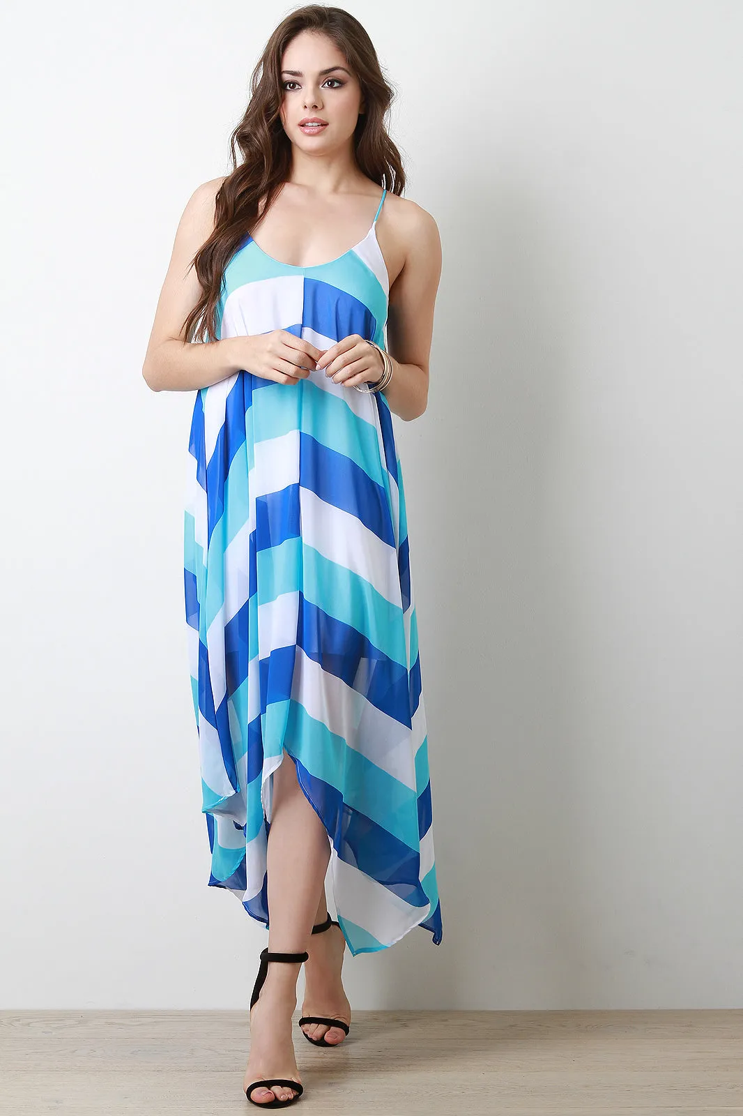 Chiffon Stripe Sleeveless Sharkbite-Hem Cami Dress