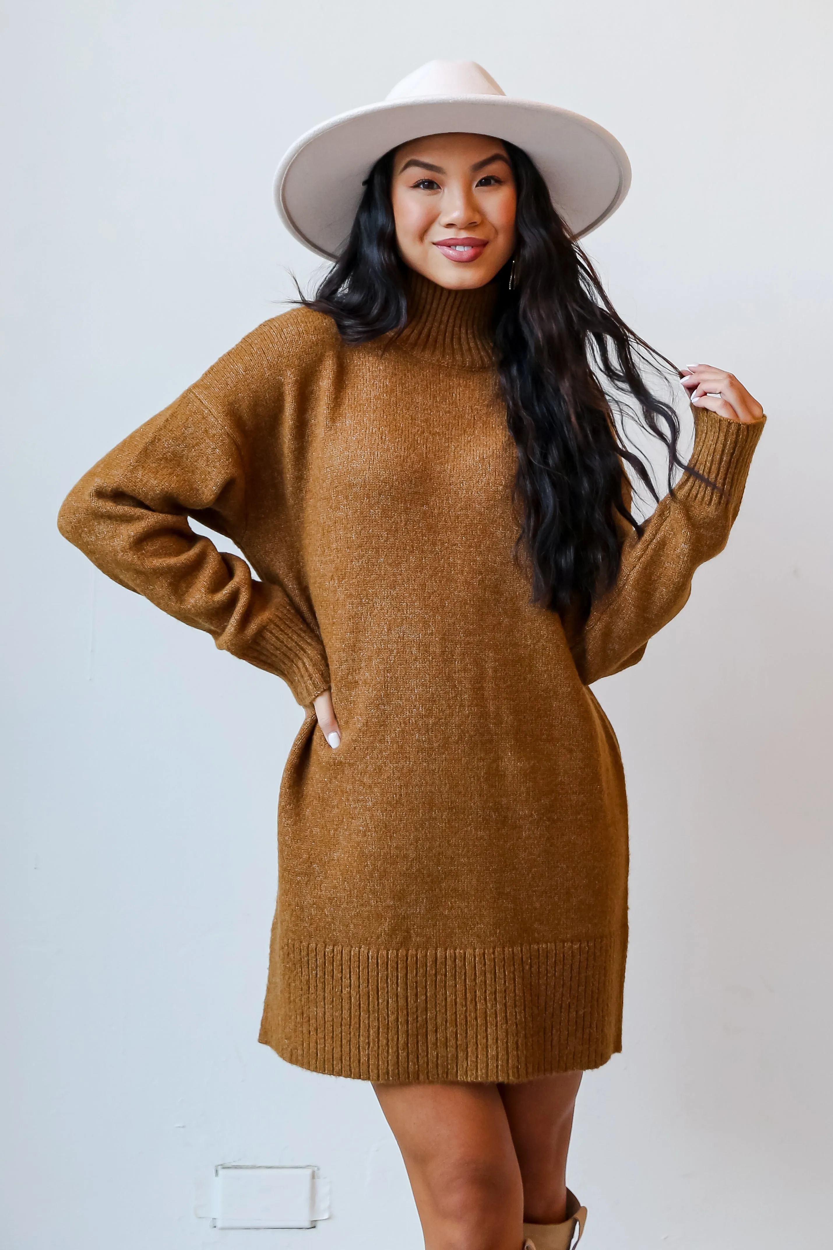 Definitely Chic Camel Mini Sweater Dress - DOORBUSTER