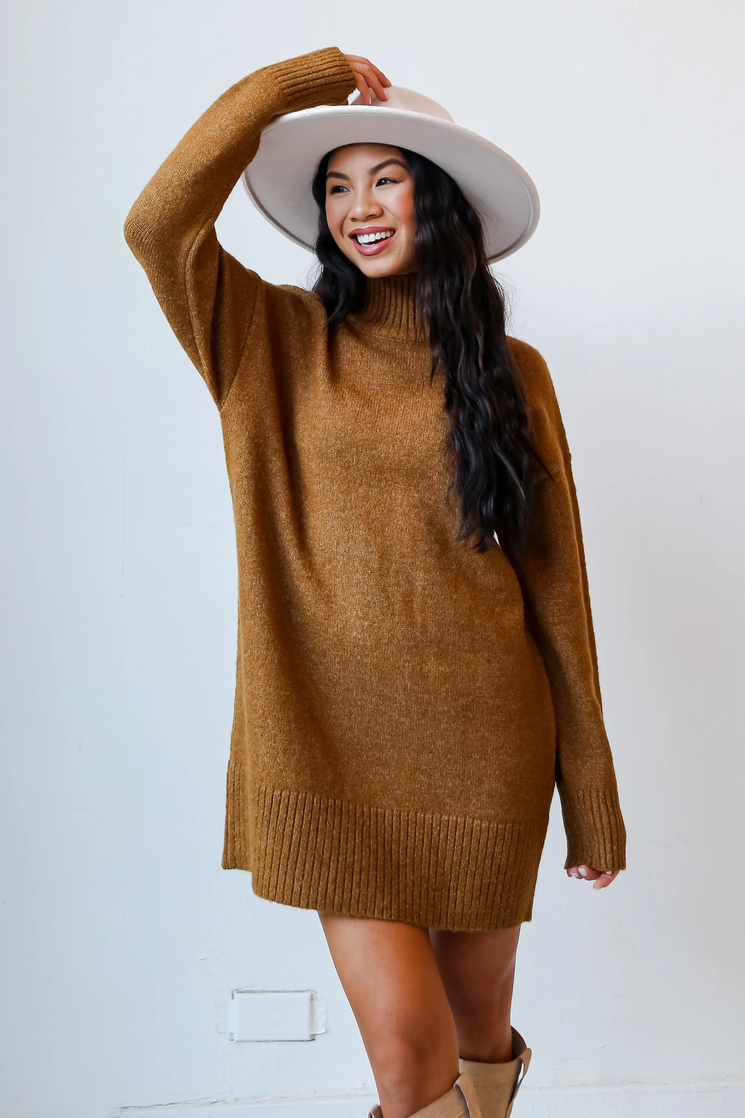 Definitely Chic Camel Mini Sweater Dress - DOORBUSTER