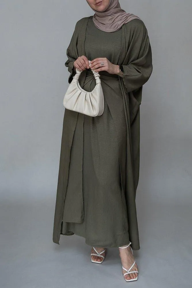 Dinia linen natural fabric 3 piece set with inner slip dress, apron and open front abaya in khaki green