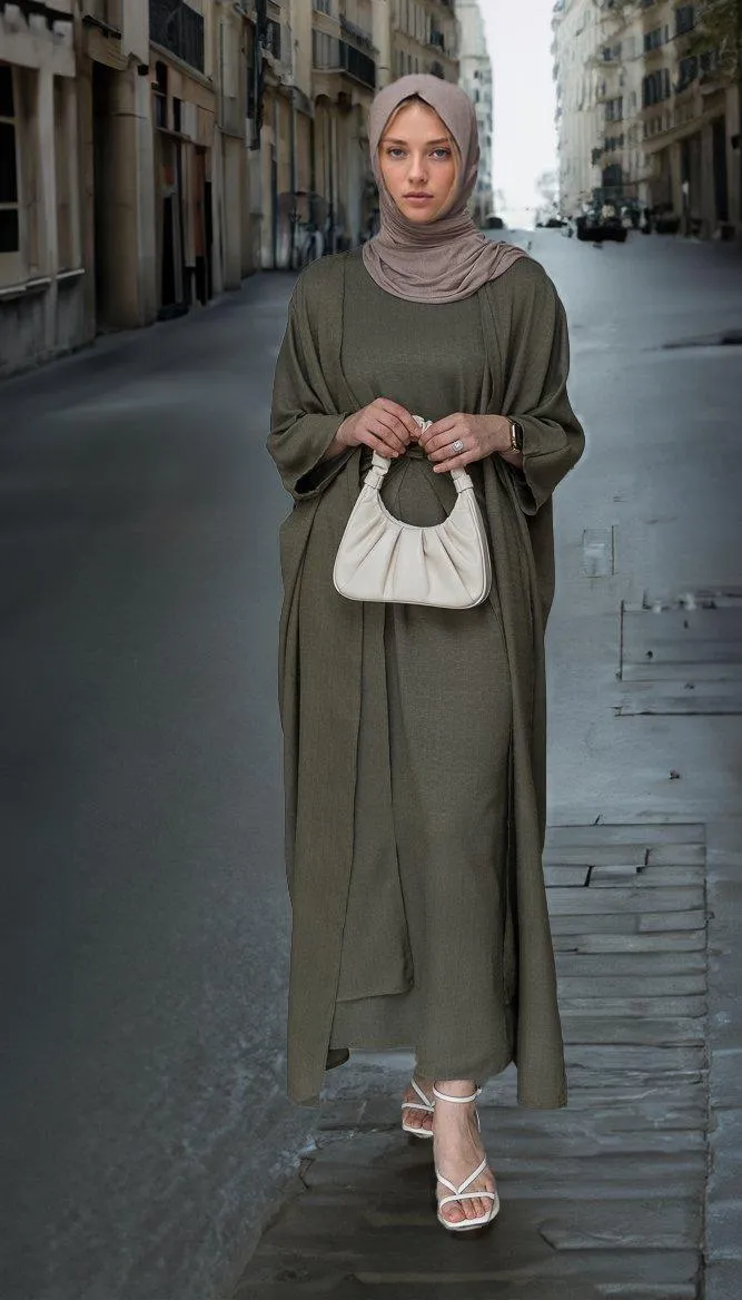 Dinia linen natural fabric 3 piece set with inner slip dress, apron and open front abaya in khaki green