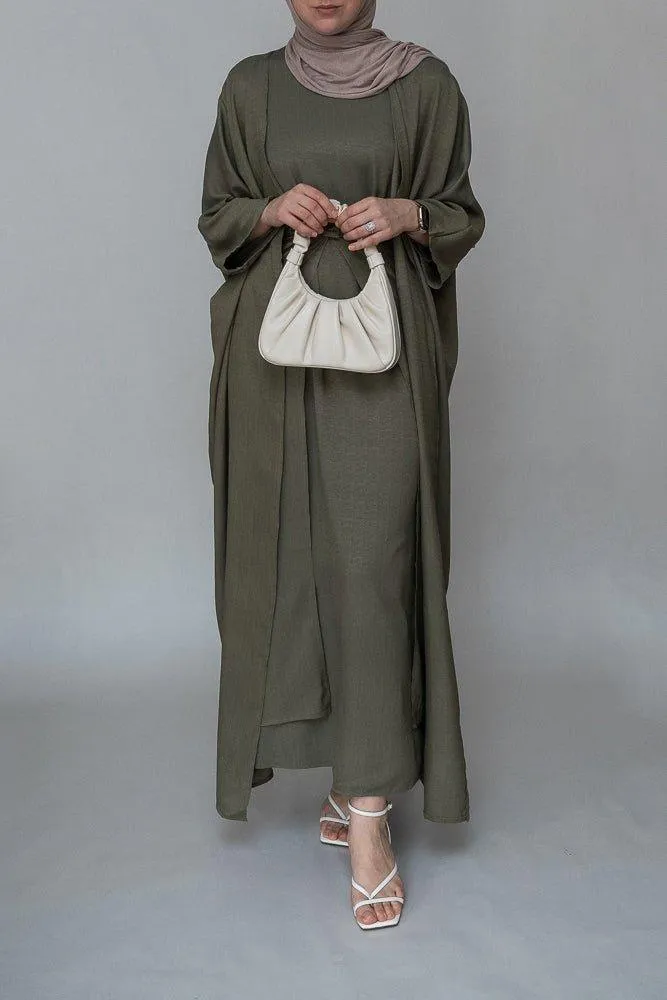 Dinia linen natural fabric 3 piece set with inner slip dress, apron and open front abaya in khaki green