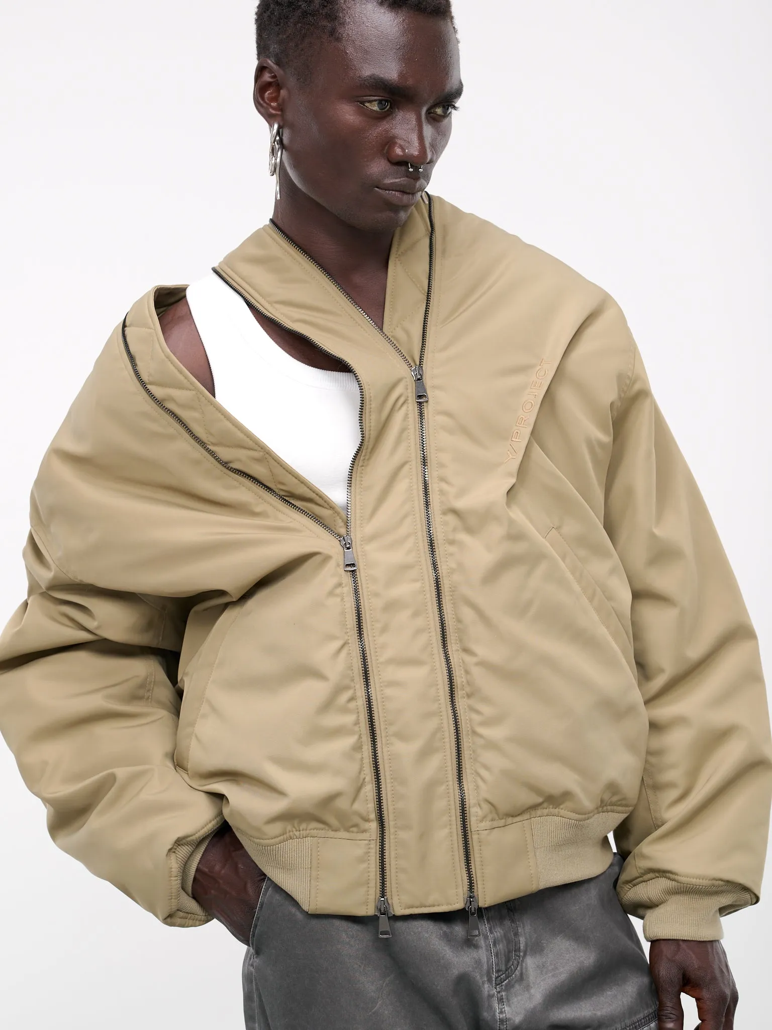 Double Zip Pinched Logo Bomber (203JA002-F493-DARK-BEIGE)