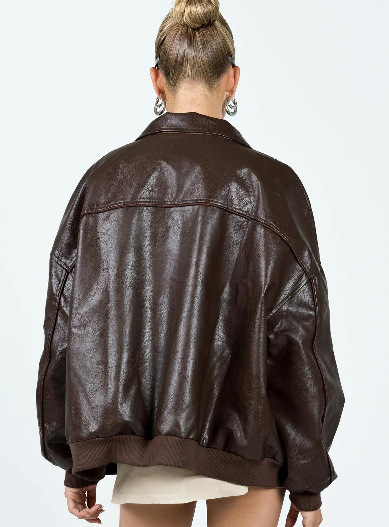 Fashionkova Goldsmith Faux Leather Bomber Jacket Brown