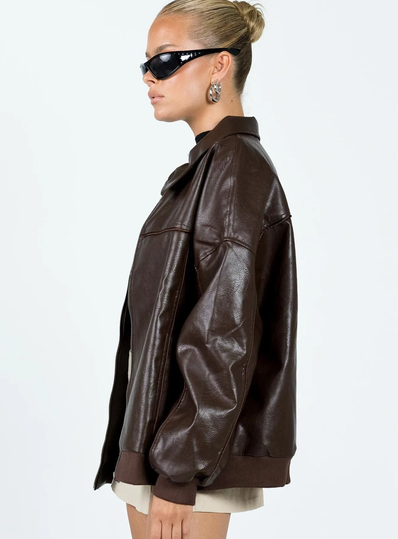 Fashionkova Goldsmith Faux Leather Bomber Jacket Brown