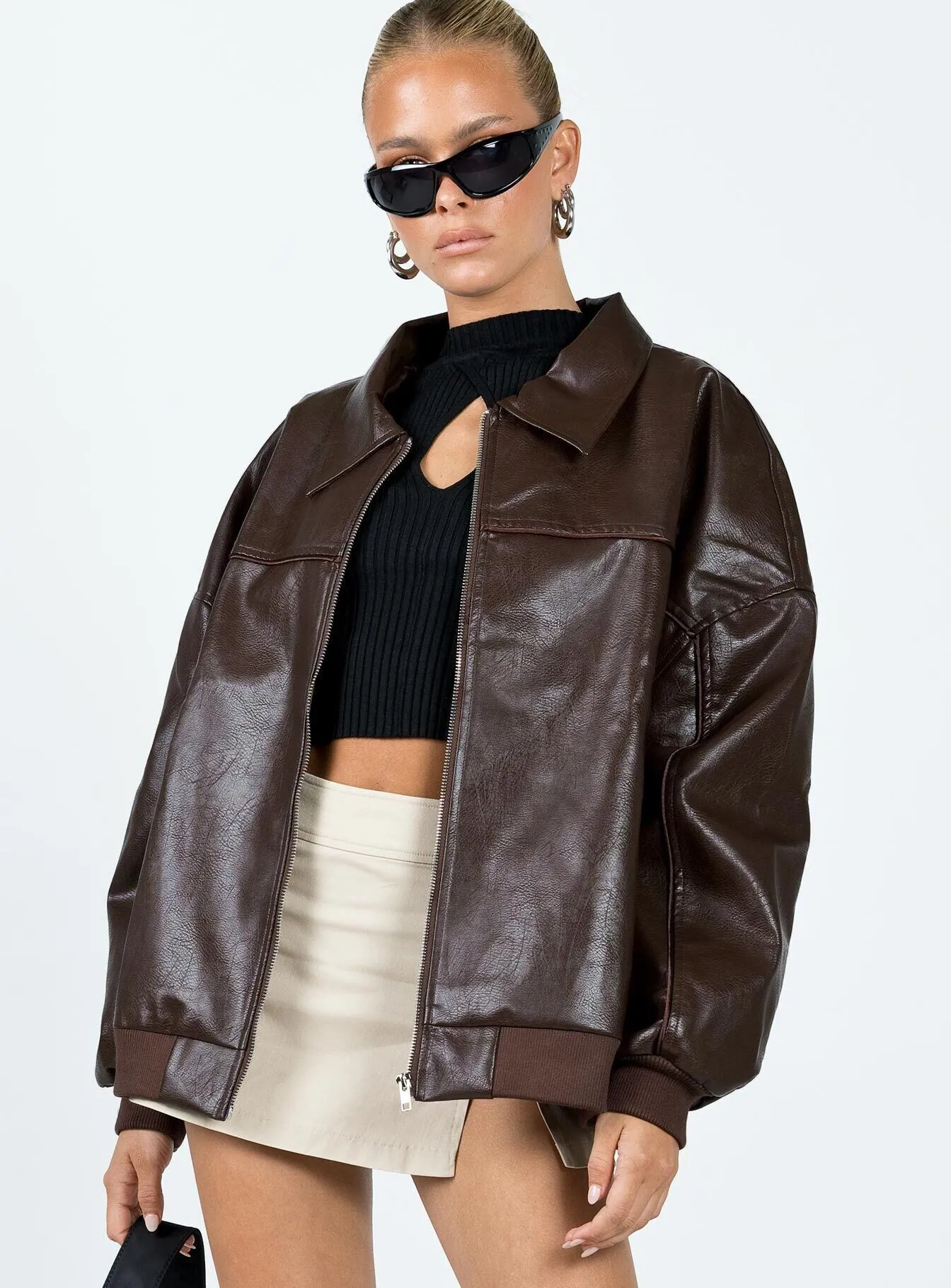 Fashionkova Goldsmith Faux Leather Bomber Jacket Brown