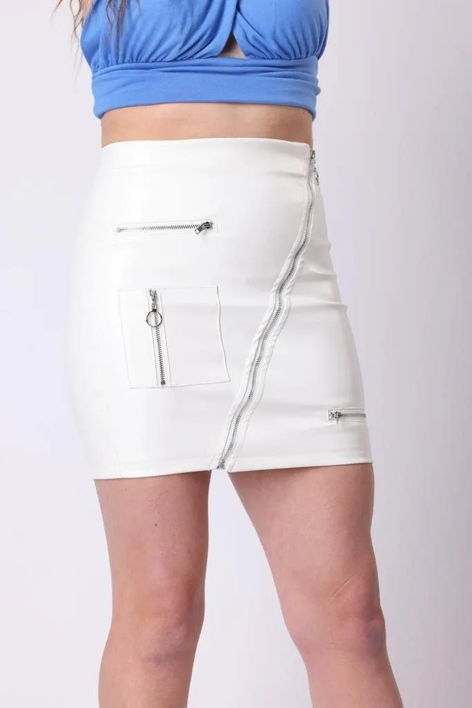 Faux Leather Zip Skirt in White