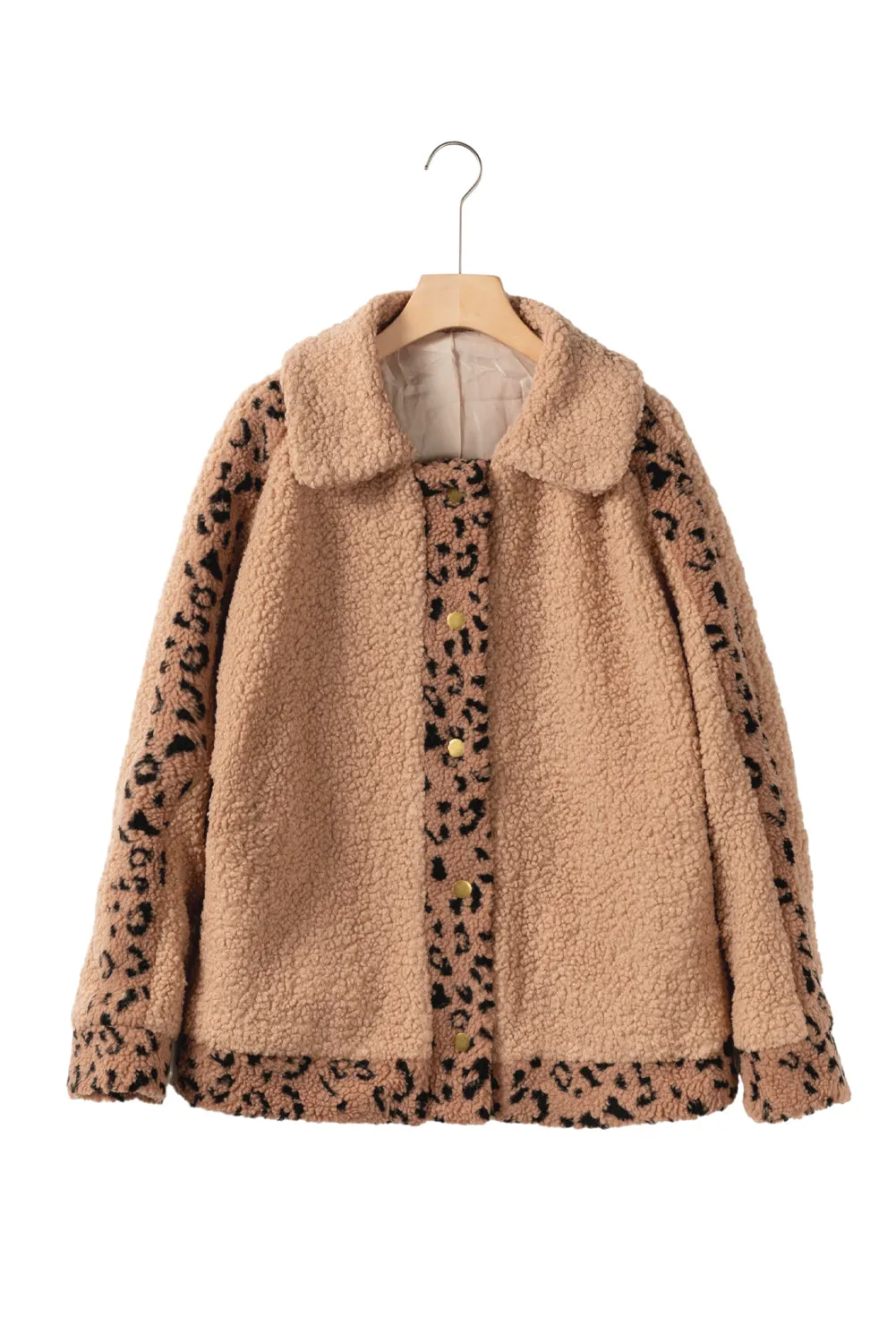 Flaxen Leopard Contrast Lapel Collar Sherpa Coat