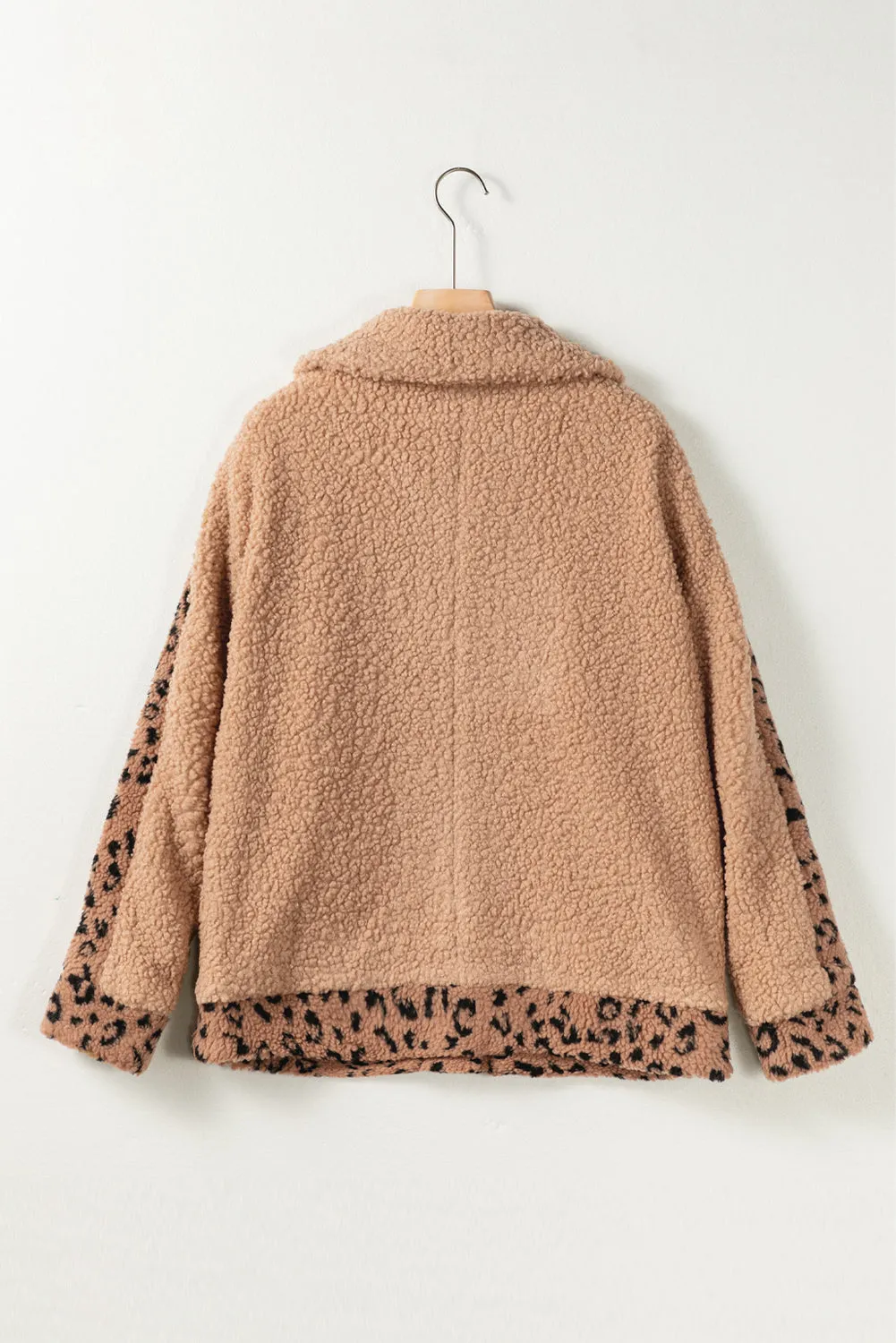 Flaxen Leopard Contrast Lapel Collar Sherpa Coat