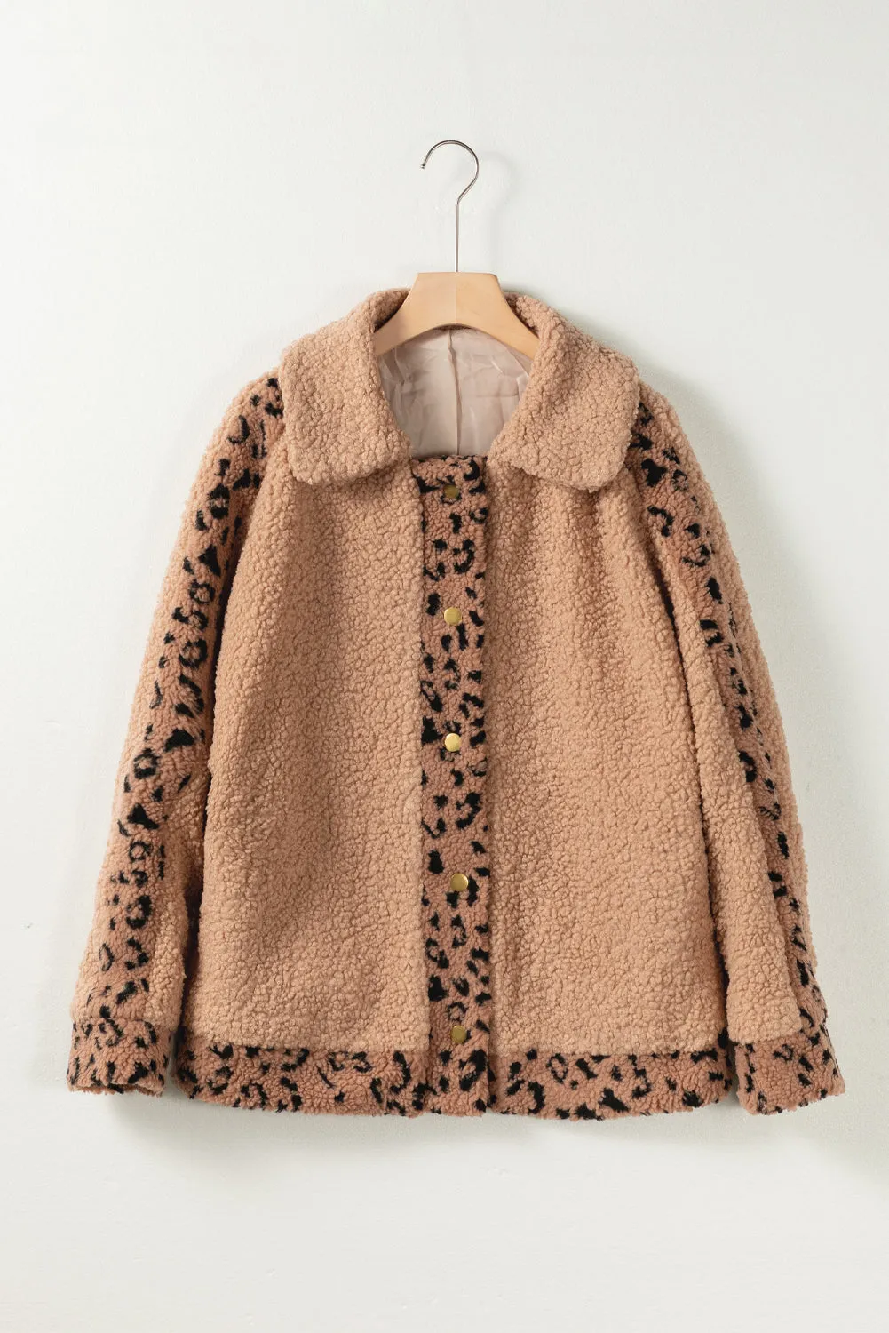 Flaxen Leopard Contrast Lapel Collar Sherpa Coat