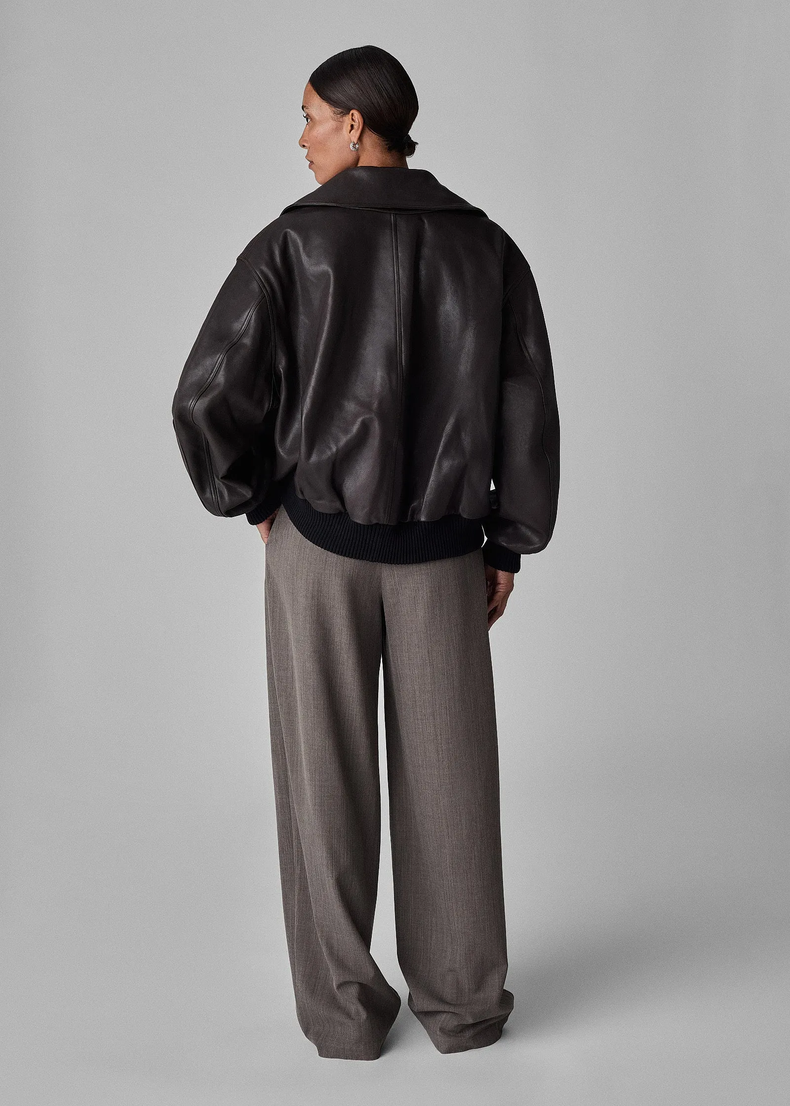 Gathered Bomber in Leather - Chocolate