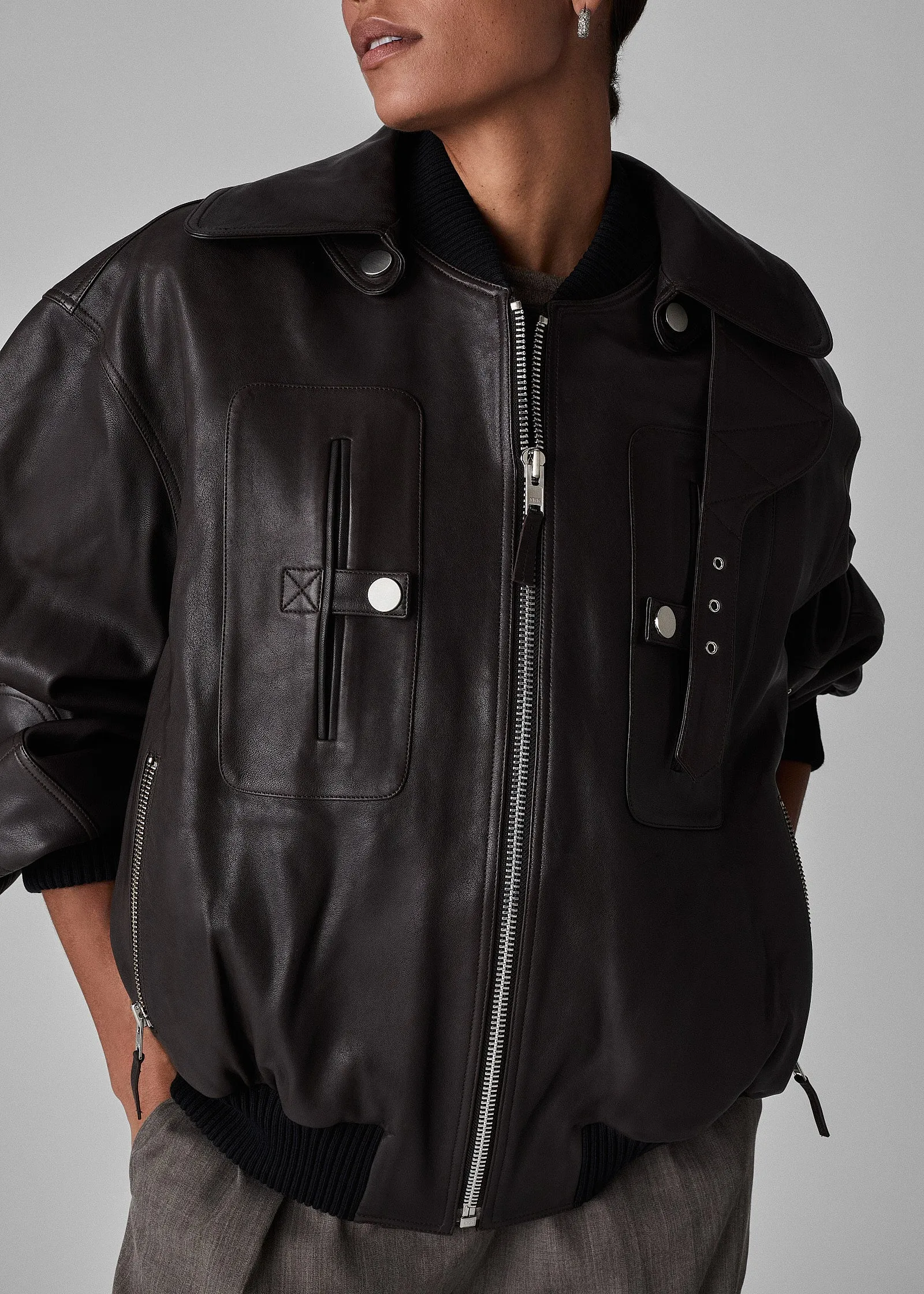 Gathered Bomber in Leather - Chocolate