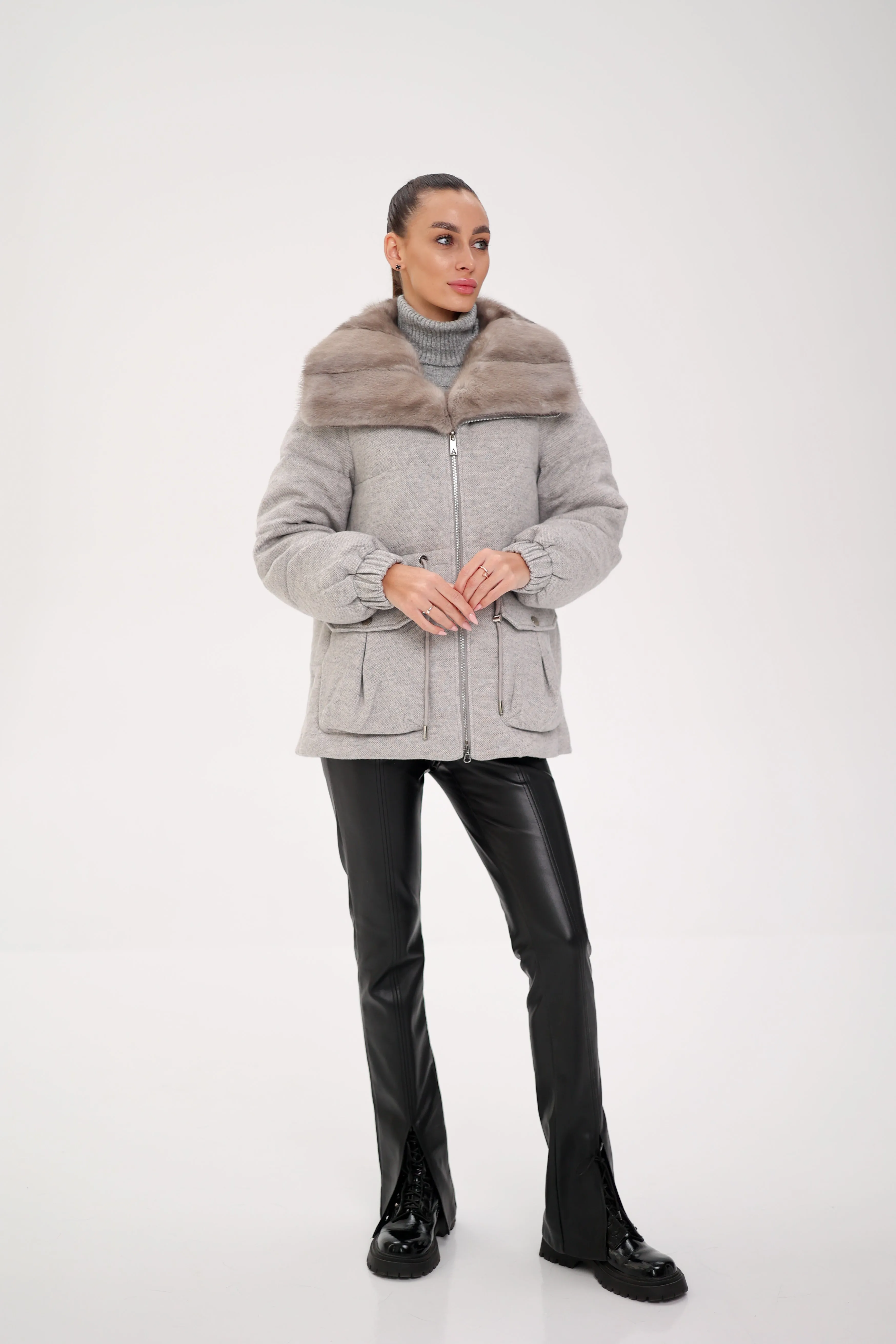 Genuine Mink Trim Wool Blend Down Coat