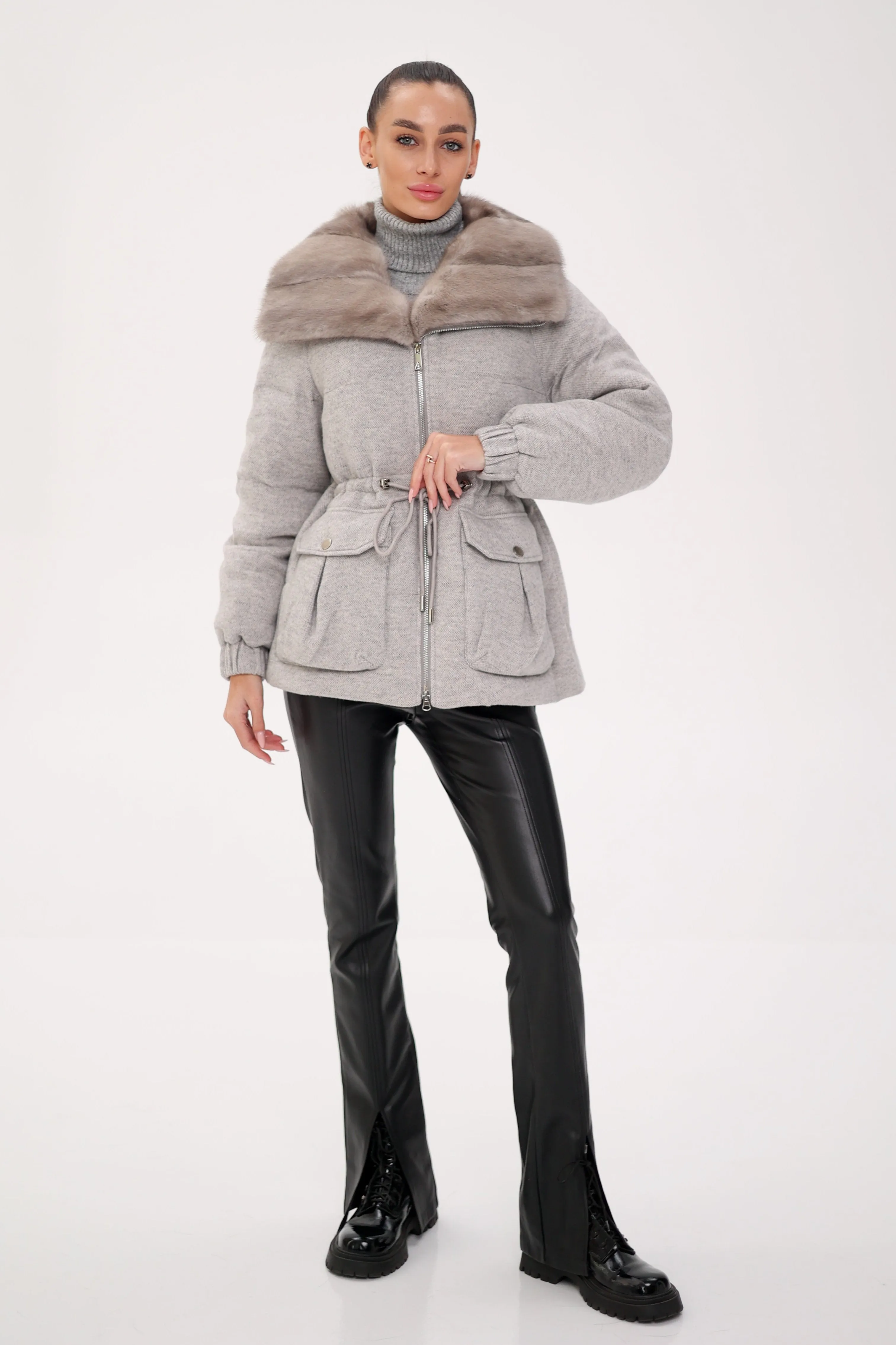 Genuine Mink Trim Wool Blend Down Coat