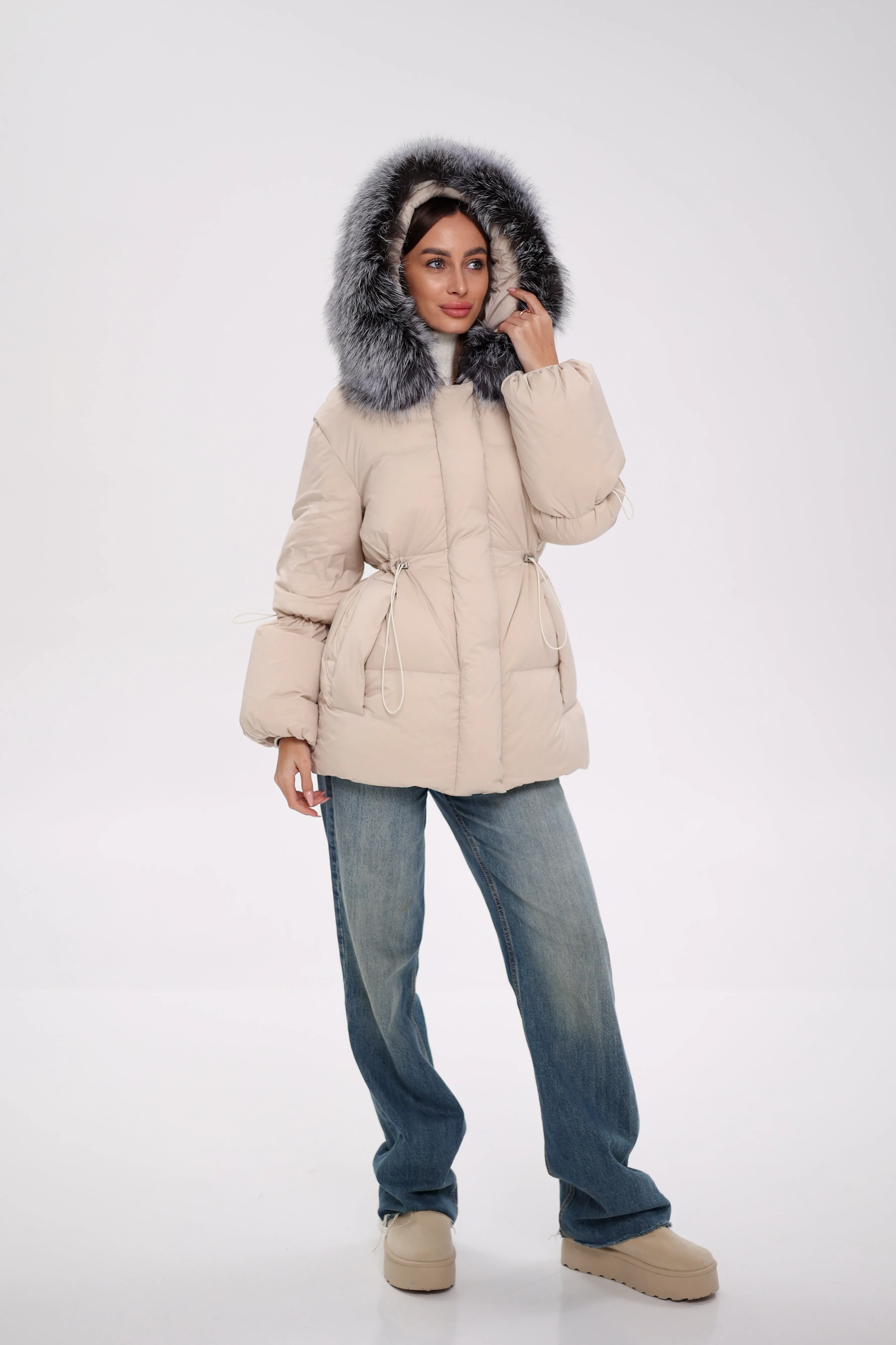 Genuine Silver Fox Down Fill Hooded Jacket