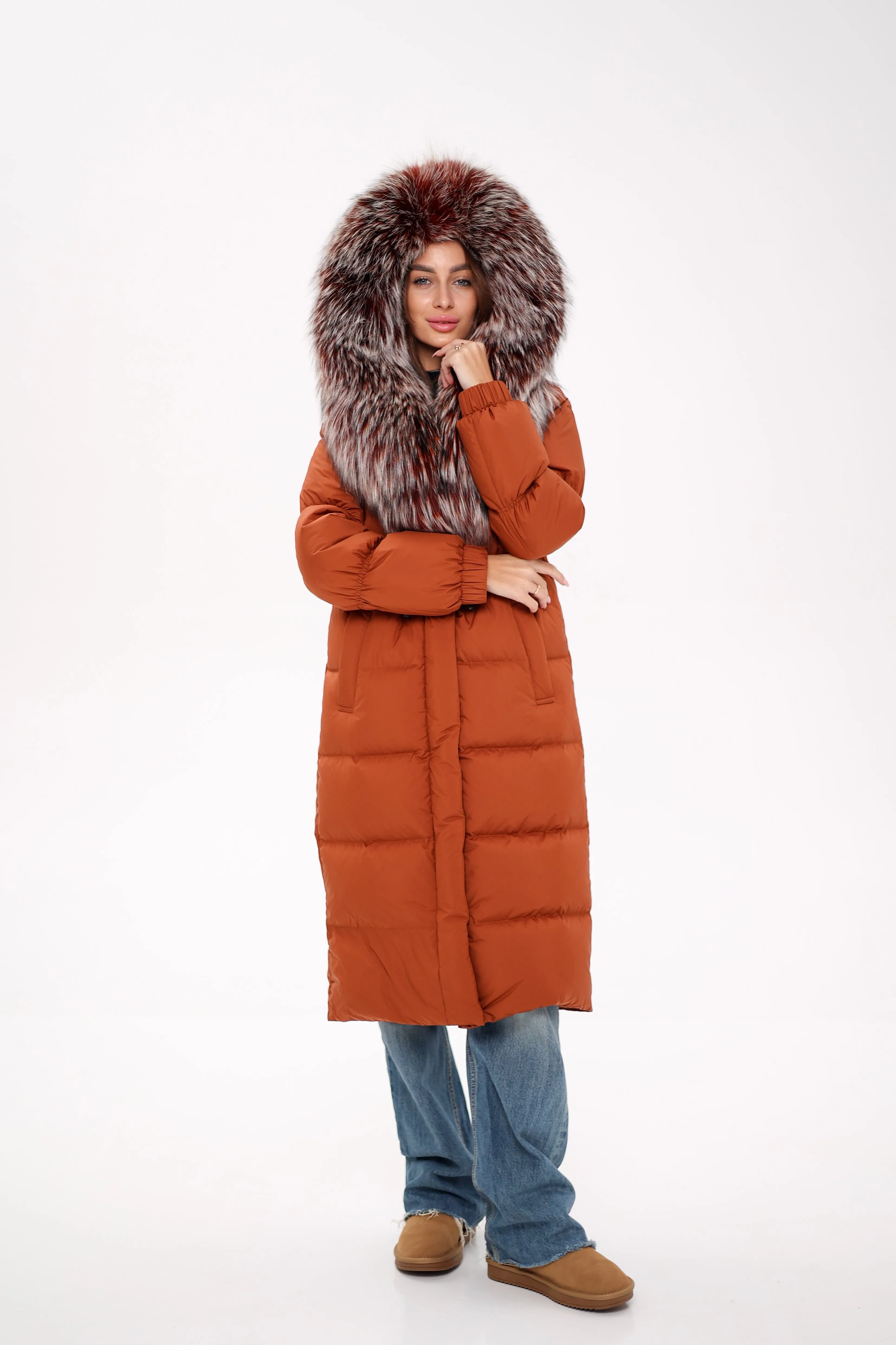 Genuine Silver Fox Fully Lined Hood Down Filled Coat