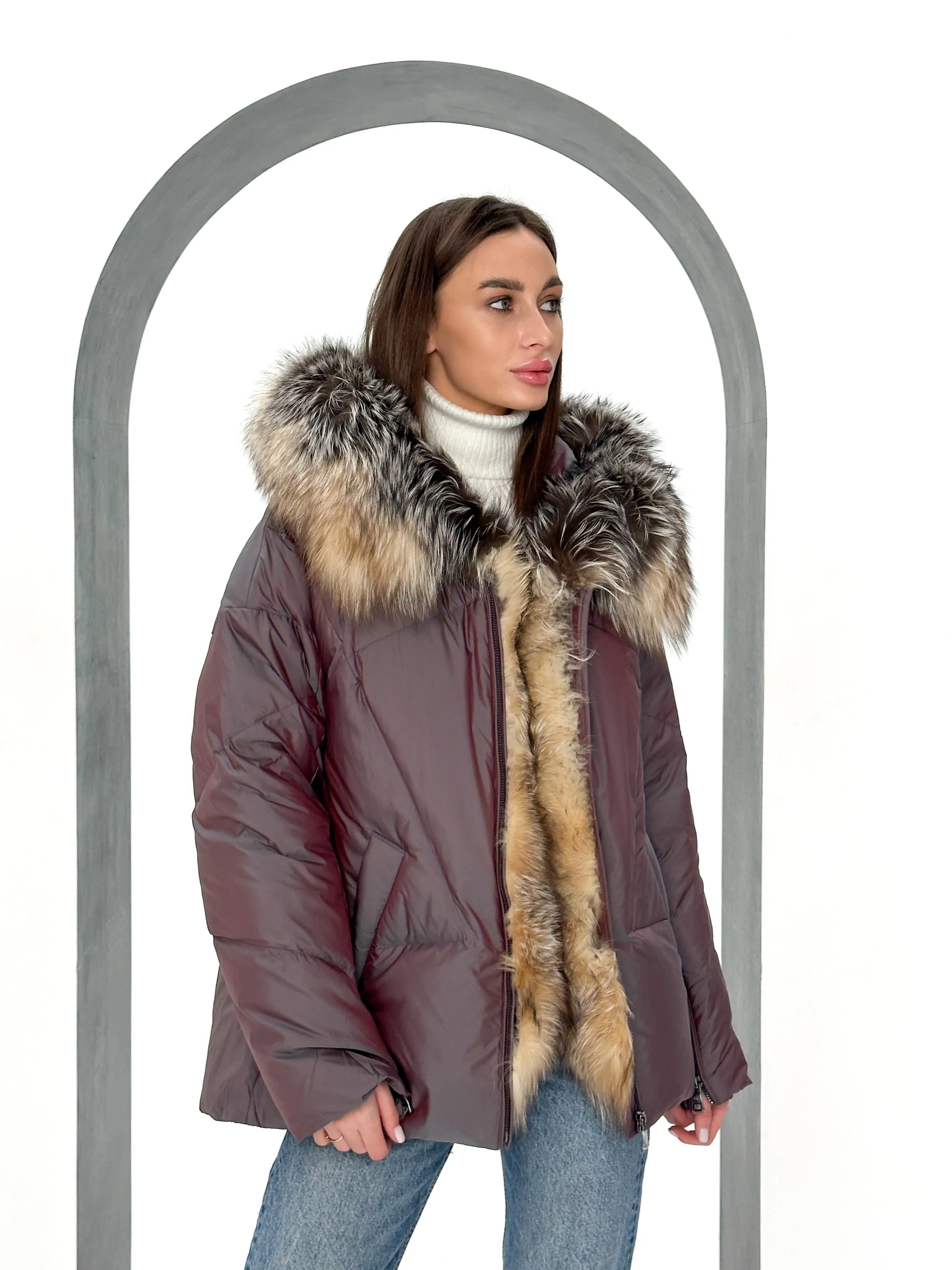 Genuine Silver Fox Fur Down Coat