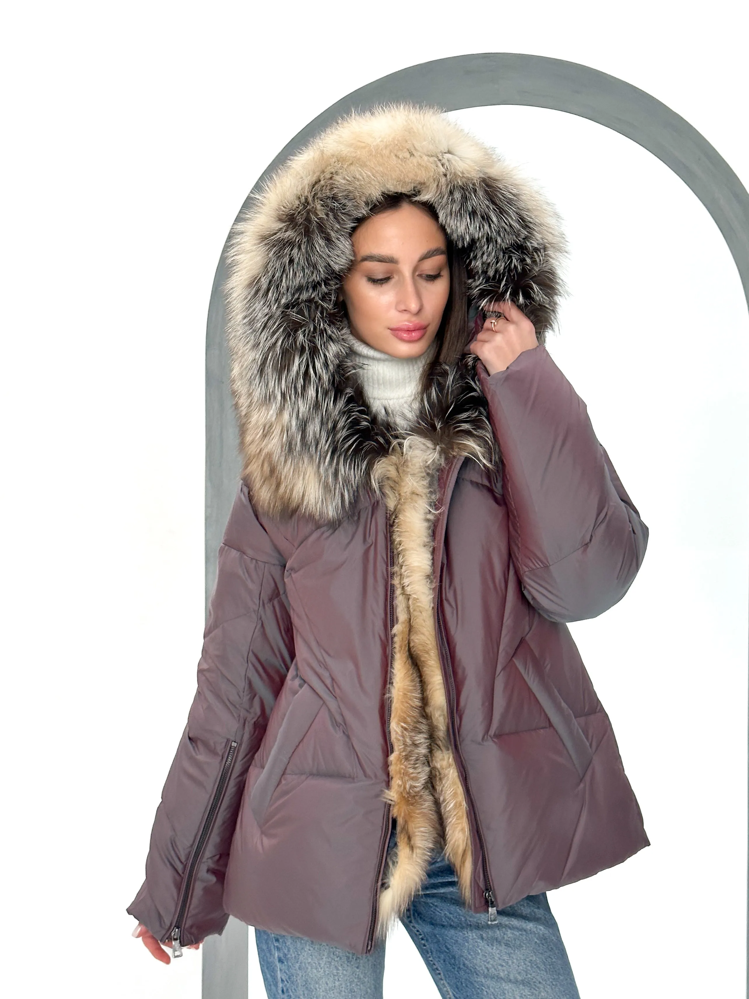 Genuine Silver Fox Fur Down Coat