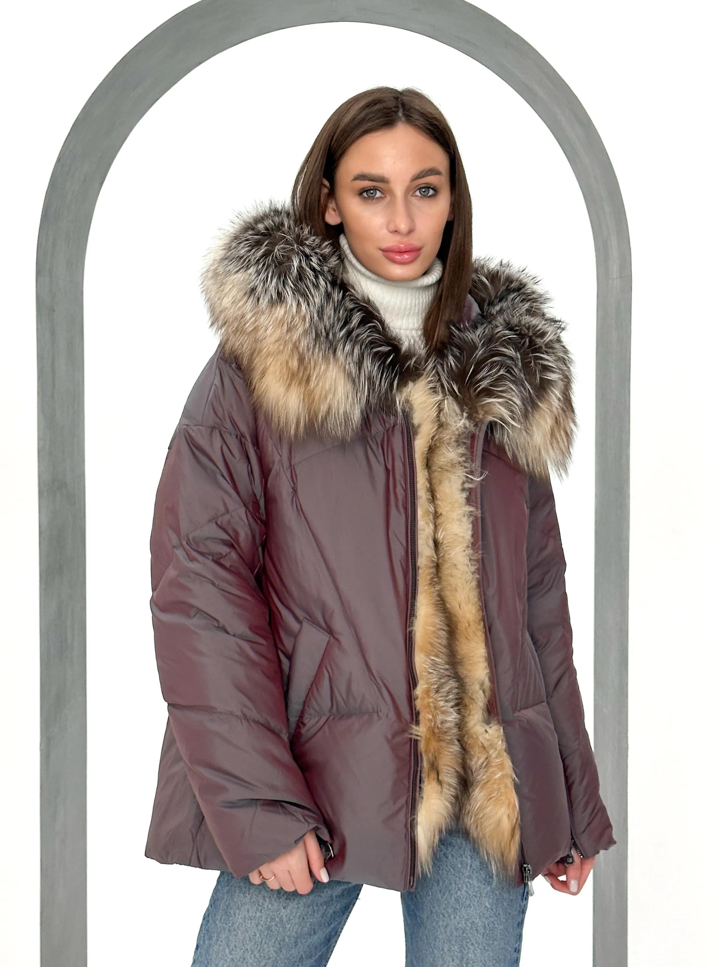 Genuine Silver Fox Fur Down Coat