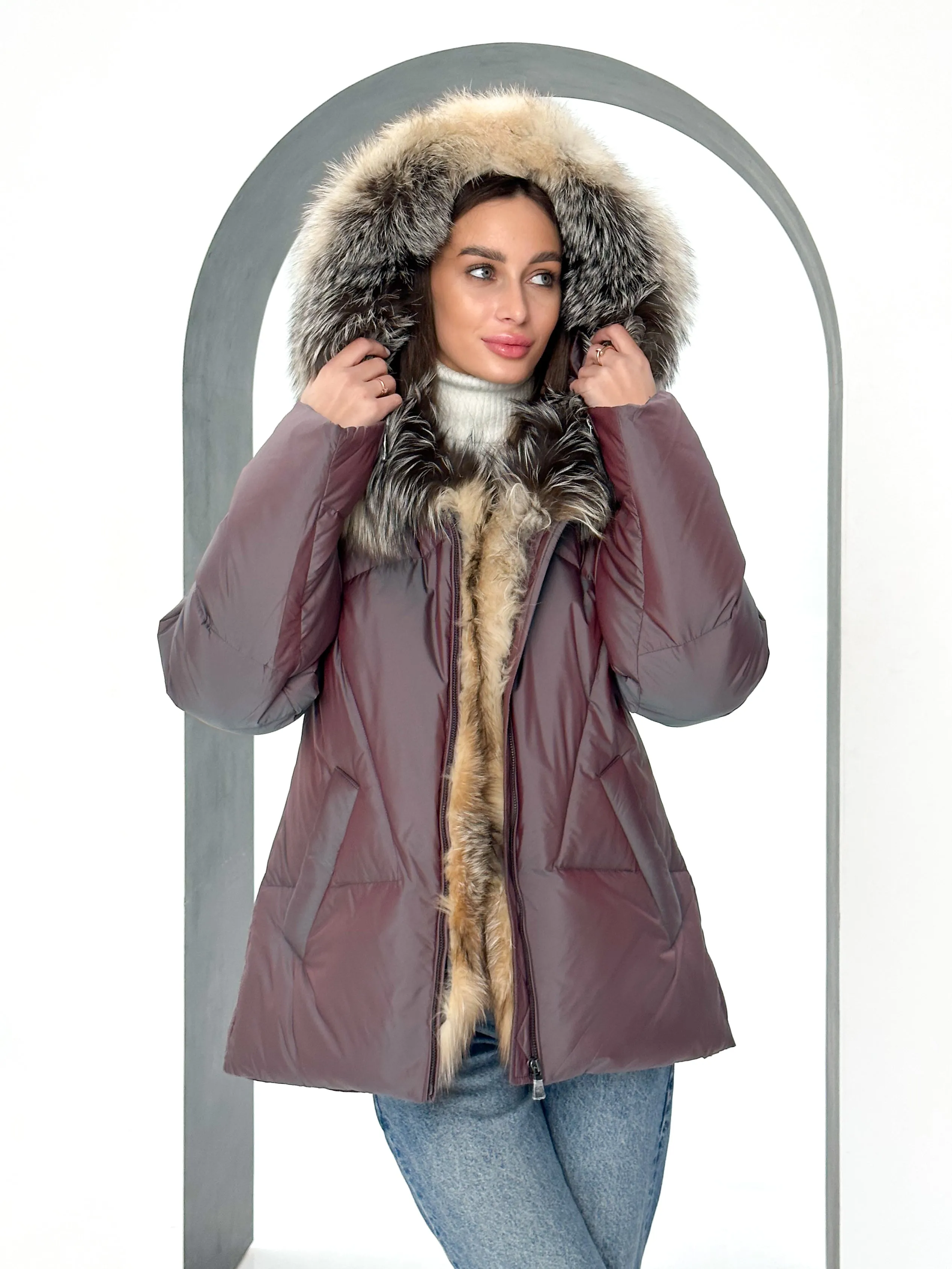 Genuine Silver Fox Fur Down Coat