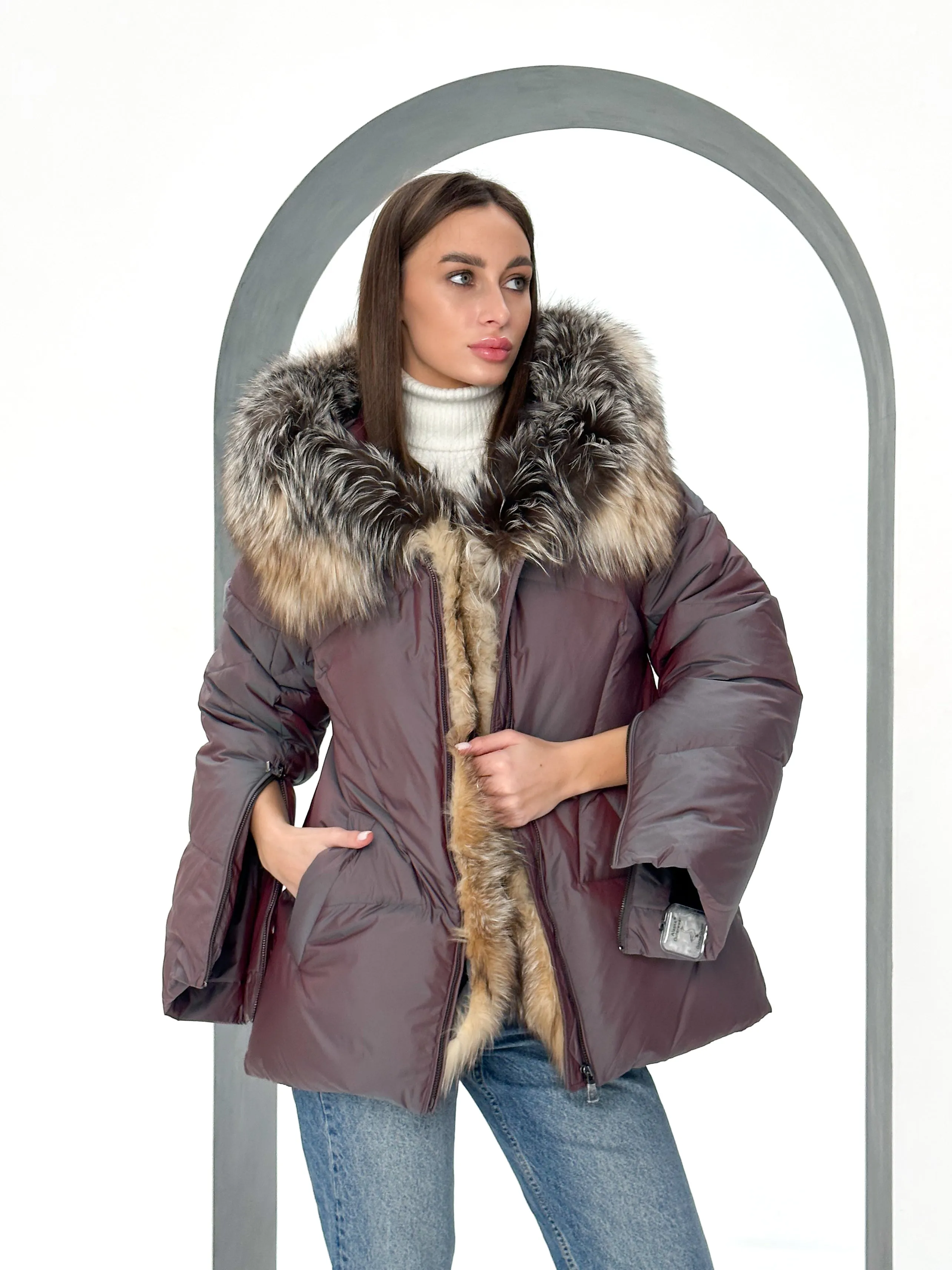 Genuine Silver Fox Fur Down Coat