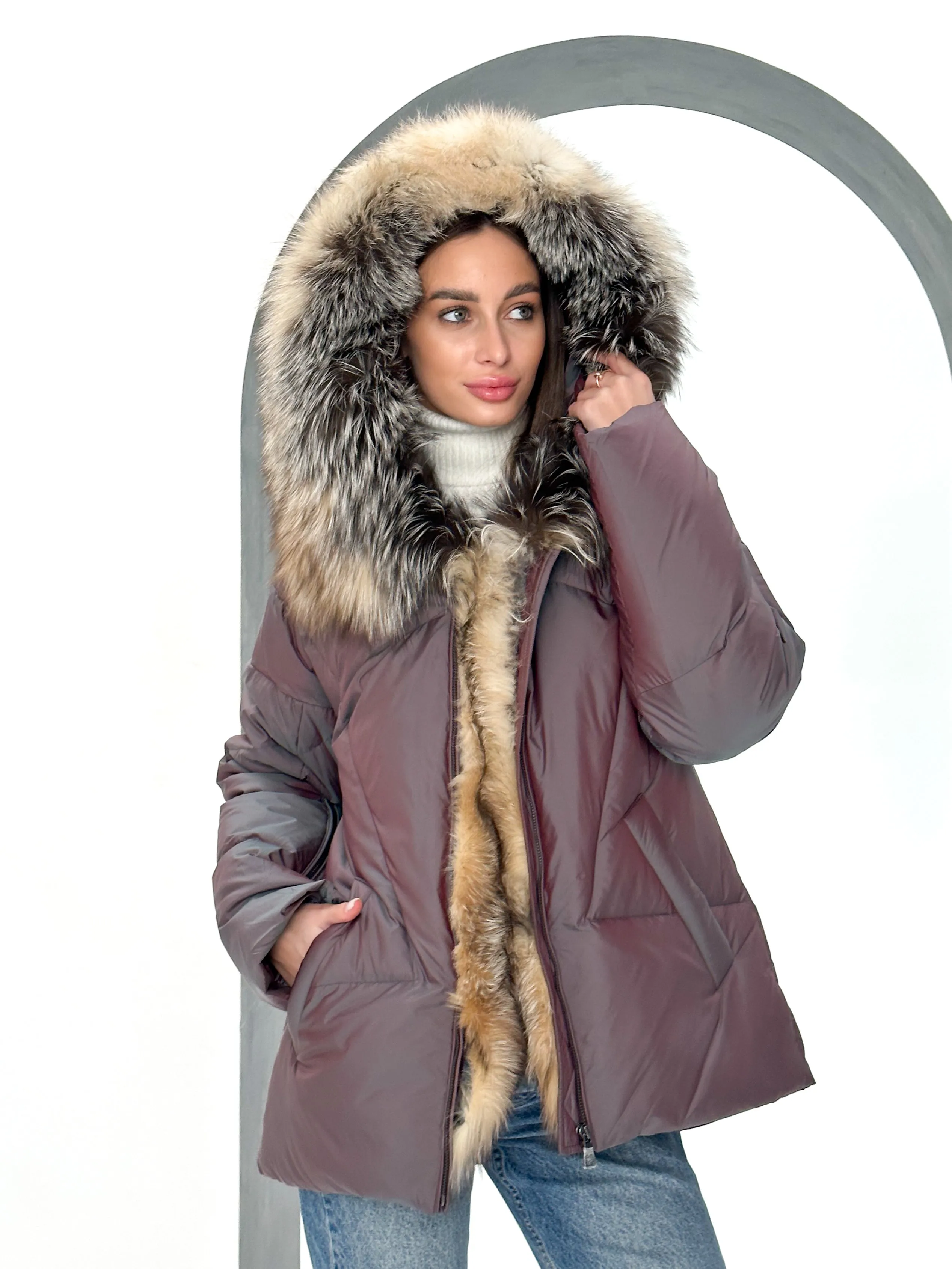 Genuine Silver Fox Fur Down Coat