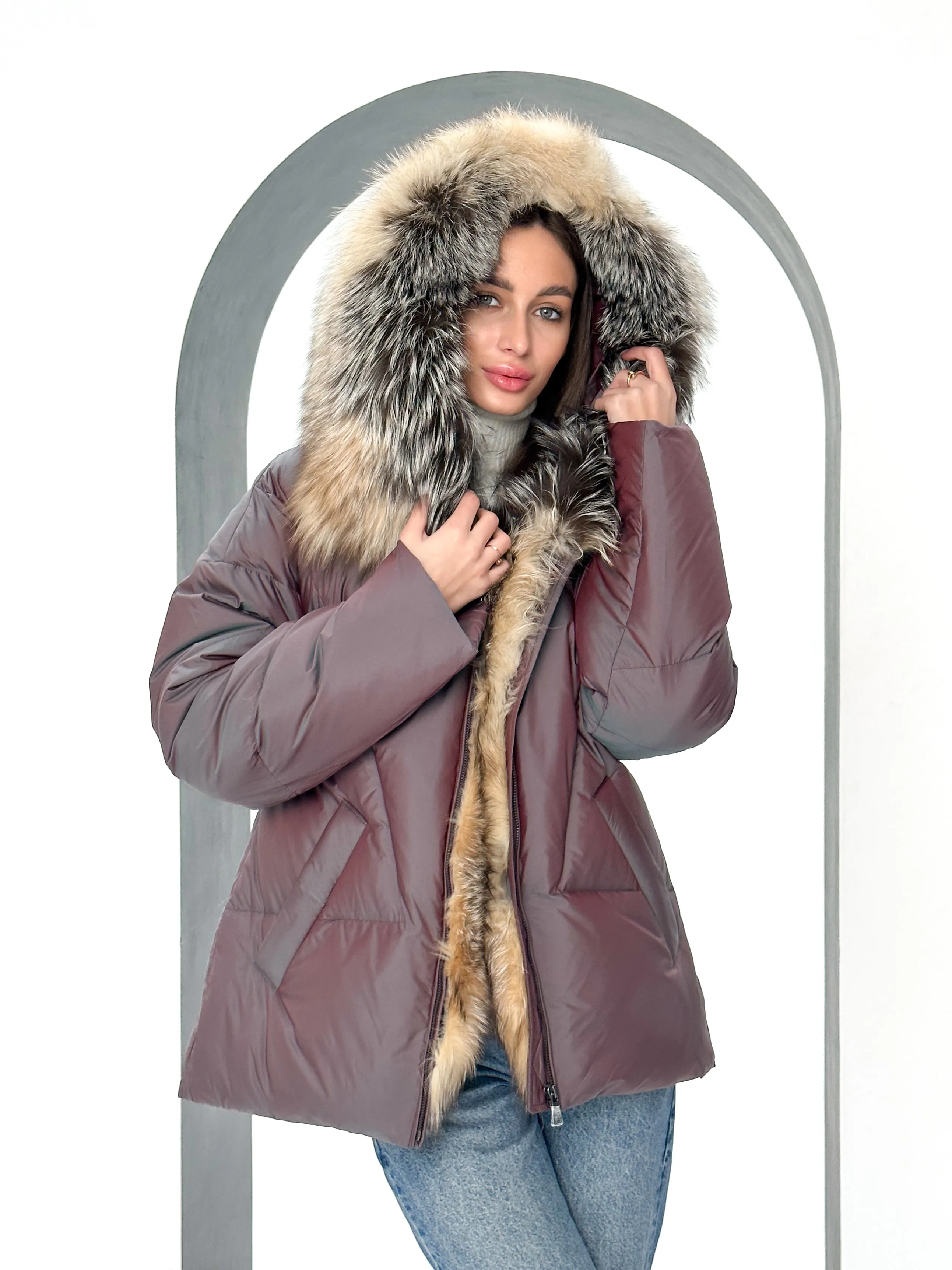 Genuine Silver Fox Fur Down Coat