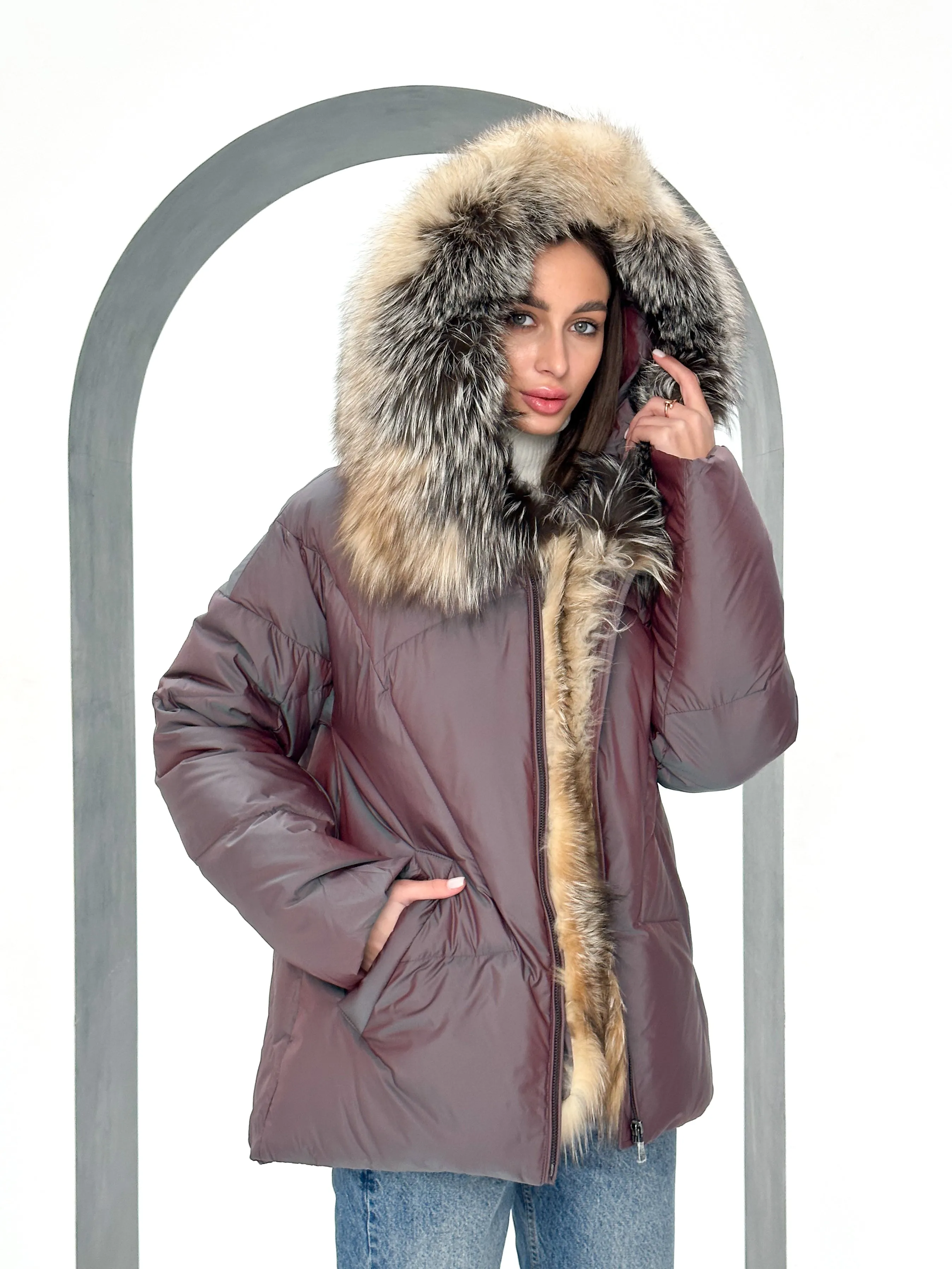 Genuine Silver Fox Fur Down Coat