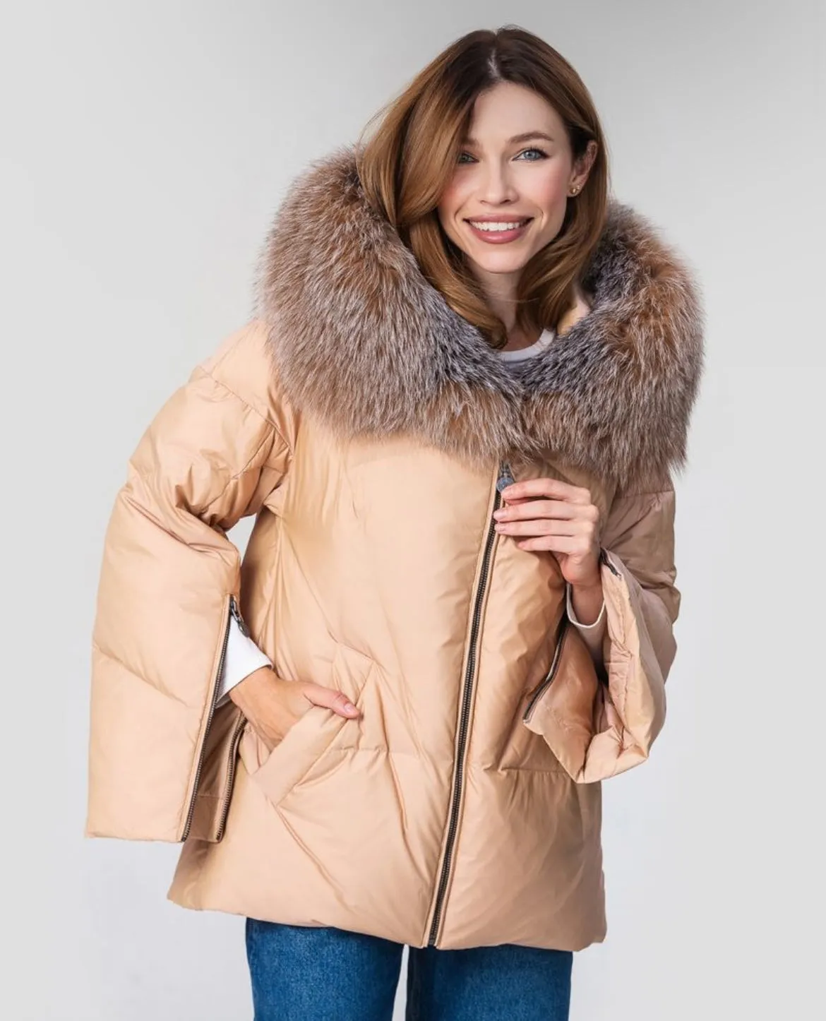 Genuine Silver Fox Fur Down Fill Coat