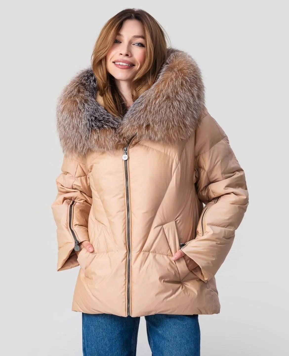 Genuine Silver Fox Fur Down Fill Coat