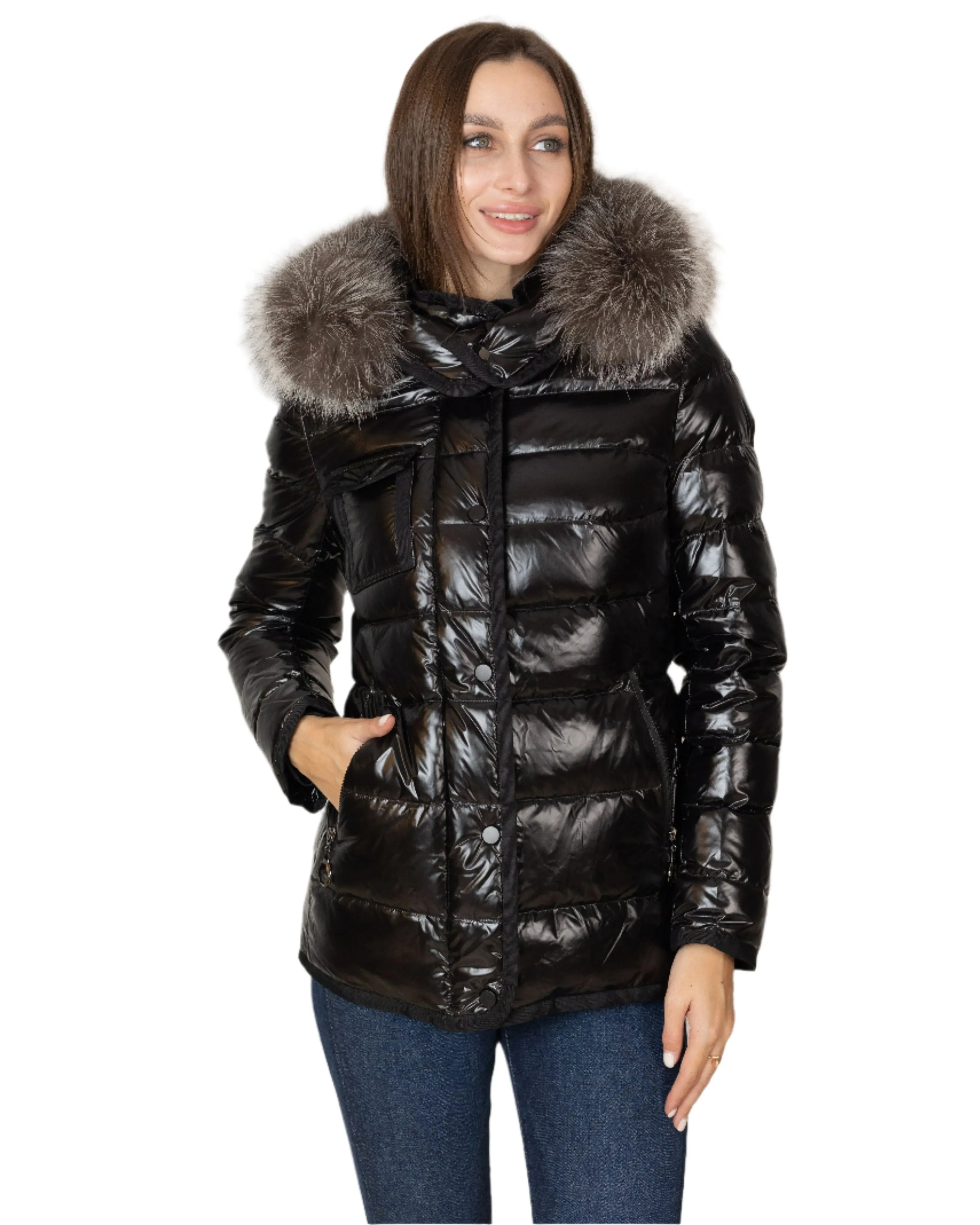 Genuine Silver Fox Fur Lightweight Down Fill Coat