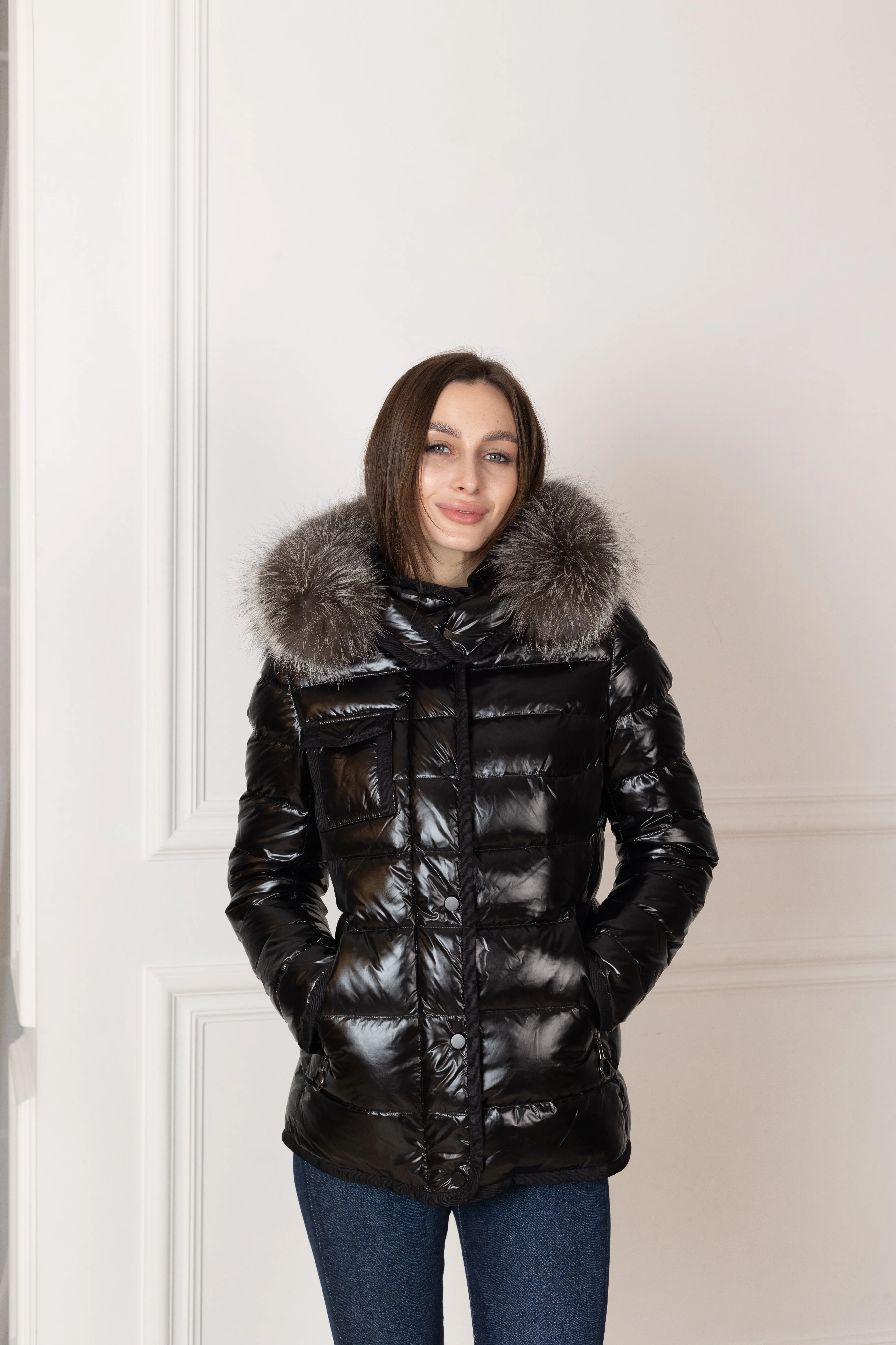 Genuine Silver Fox Fur Lightweight Down Fill Coat