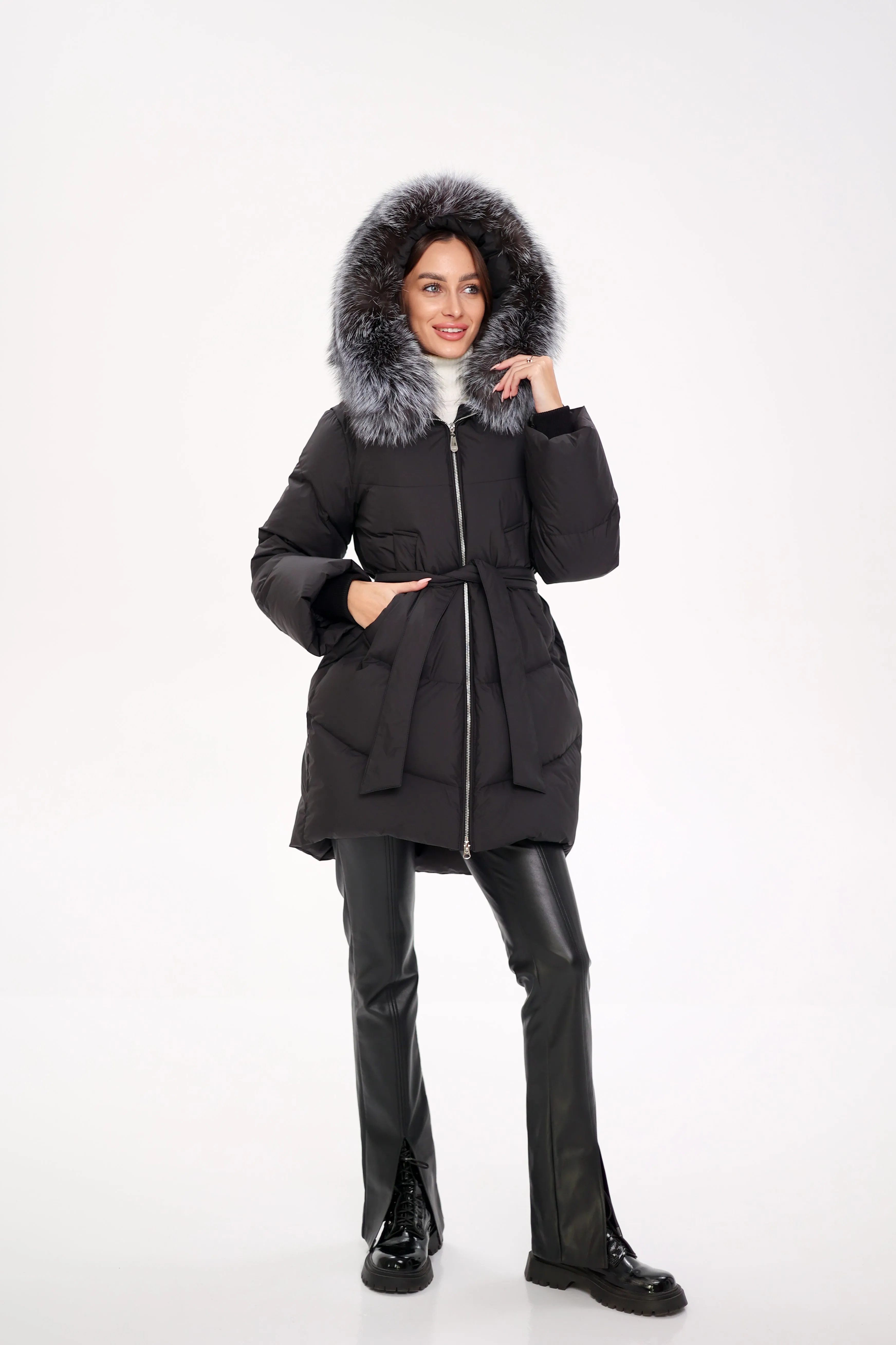 Genuine Silver Fox Fur Trim Down Fill Coat in Black