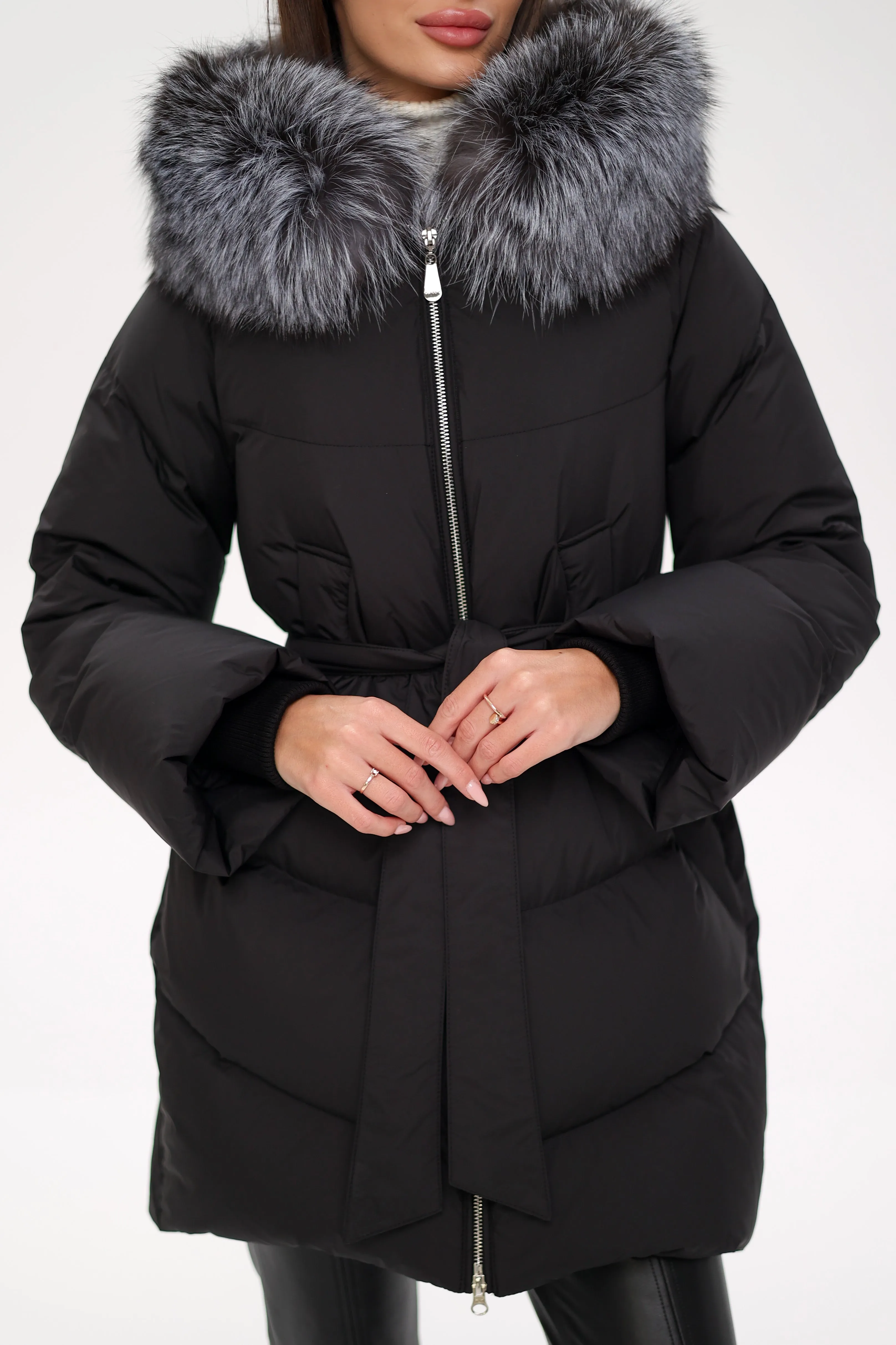 Genuine Silver Fox Fur Trim Down Fill Coat in Black