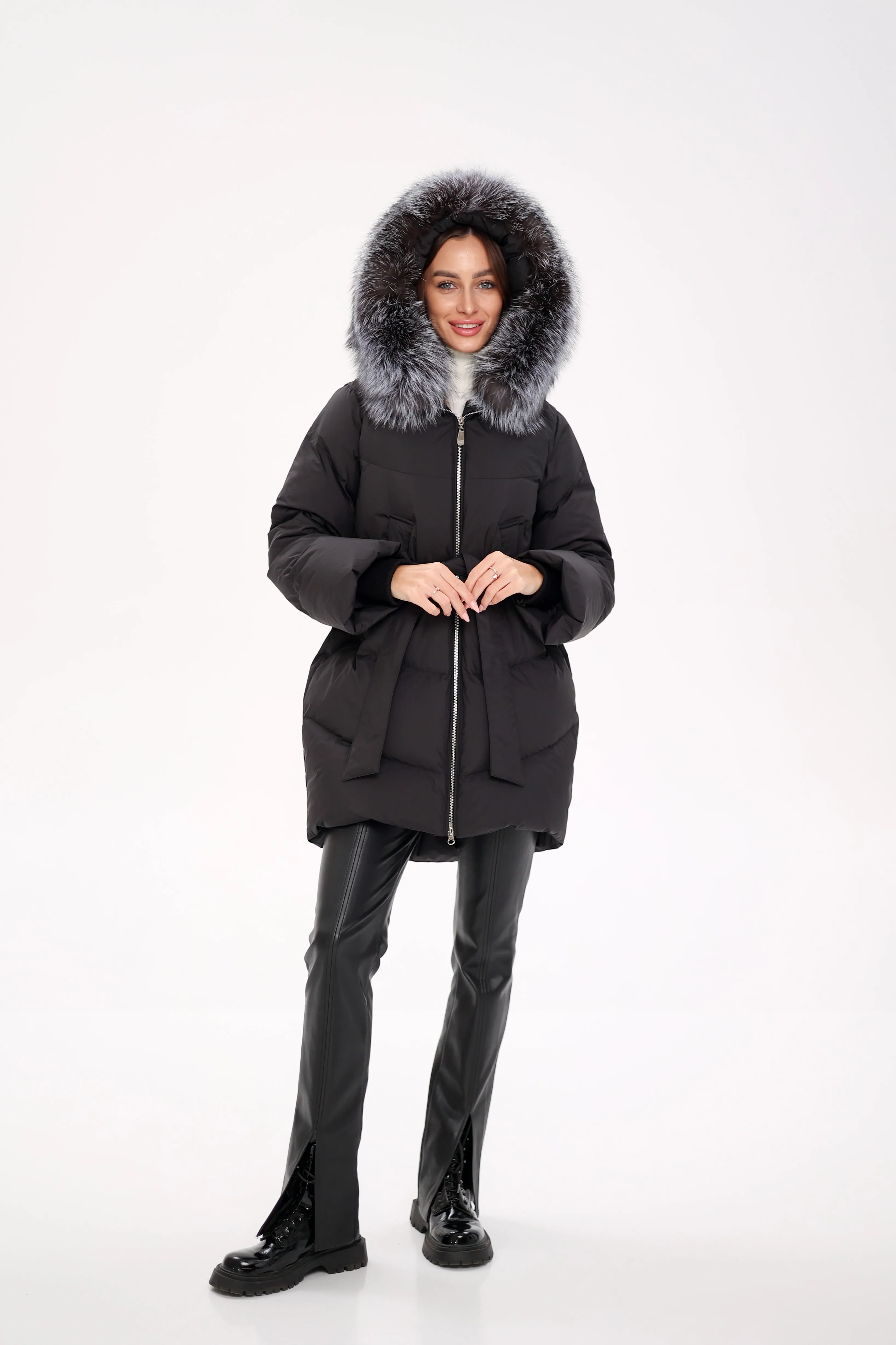 Genuine Silver Fox Fur Trim Down Fill Coat in Black