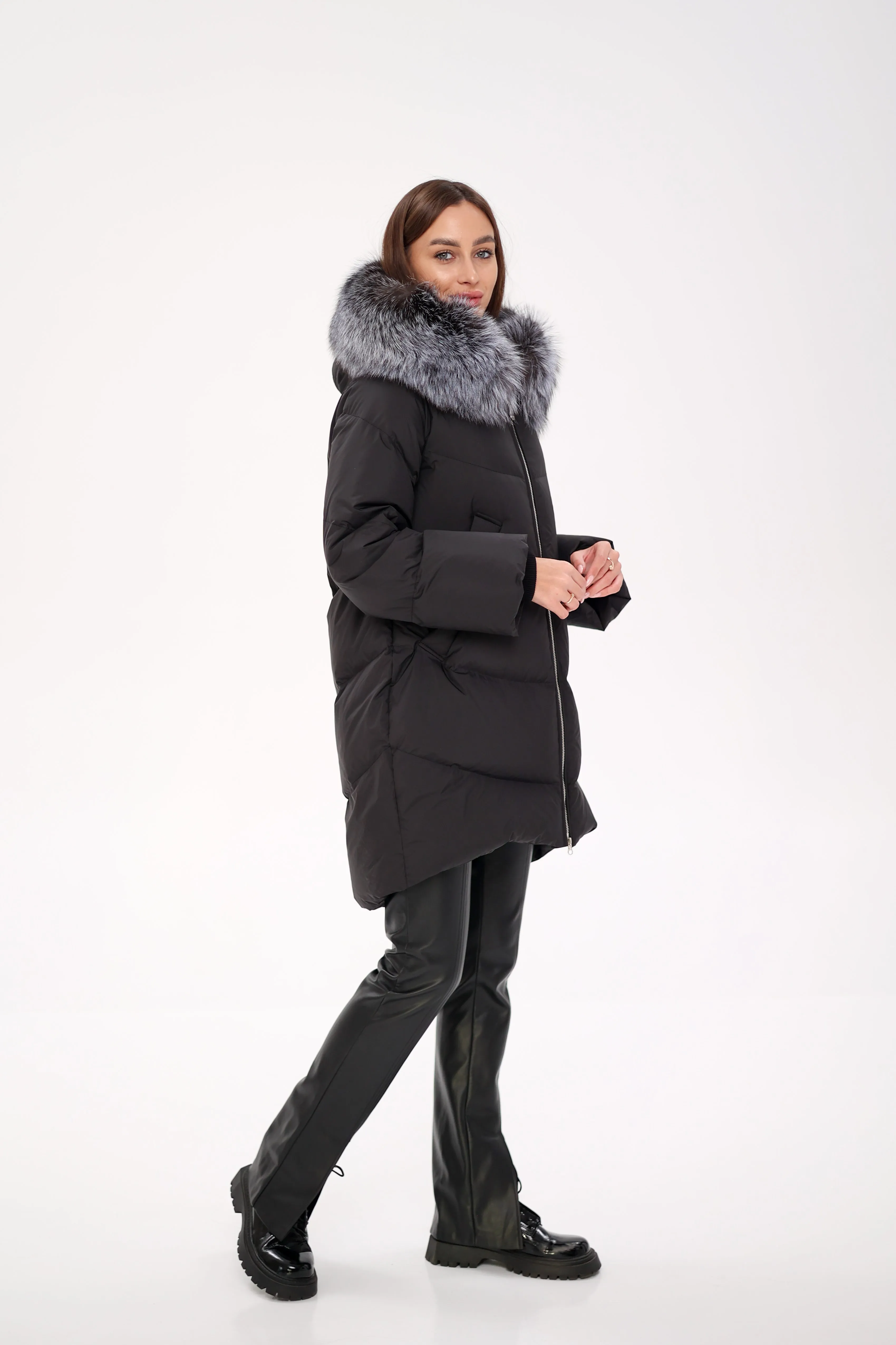 Genuine Silver Fox Fur Trim Down Fill Coat in Black