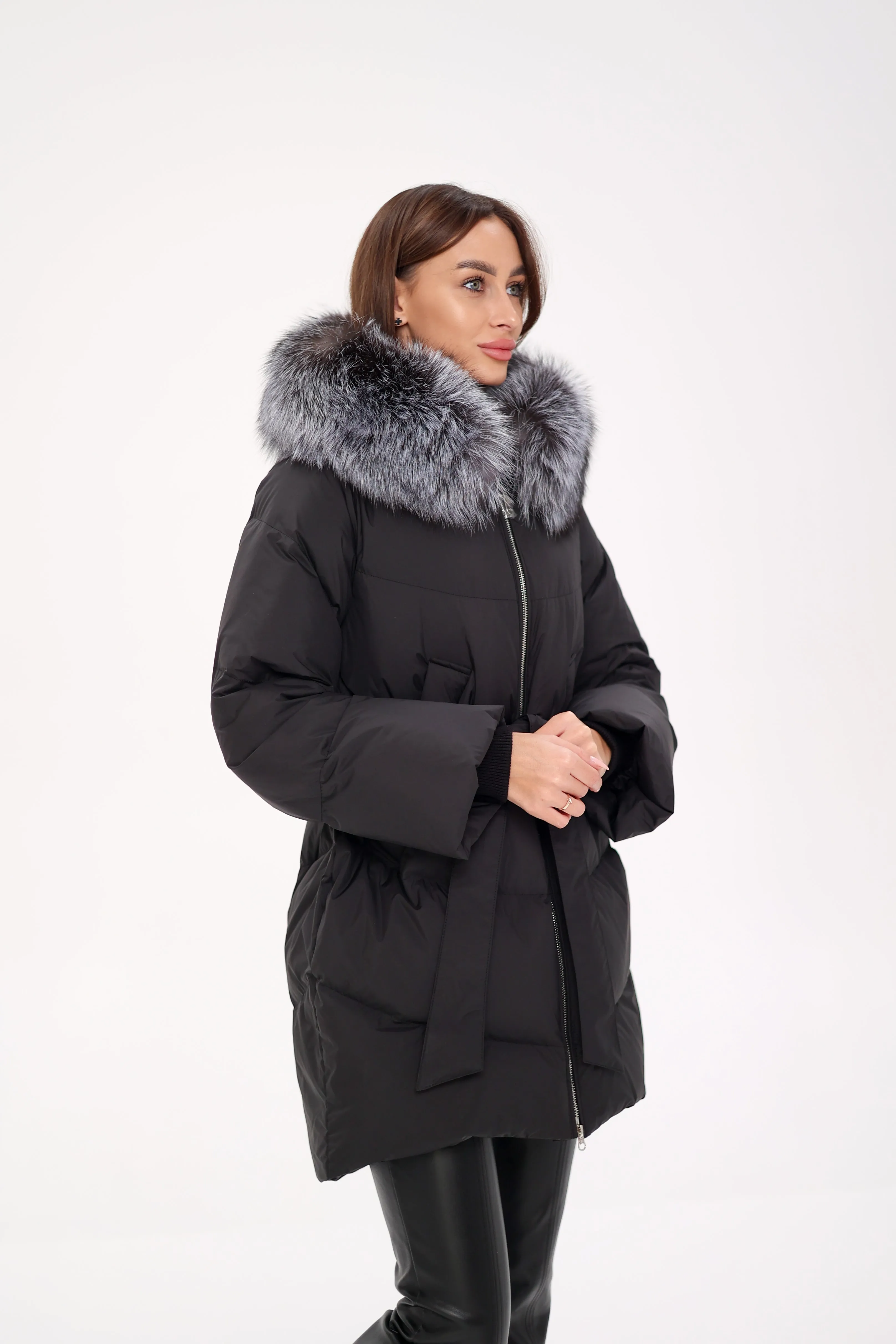 Genuine Silver Fox Fur Trim Down Fill Coat in Black