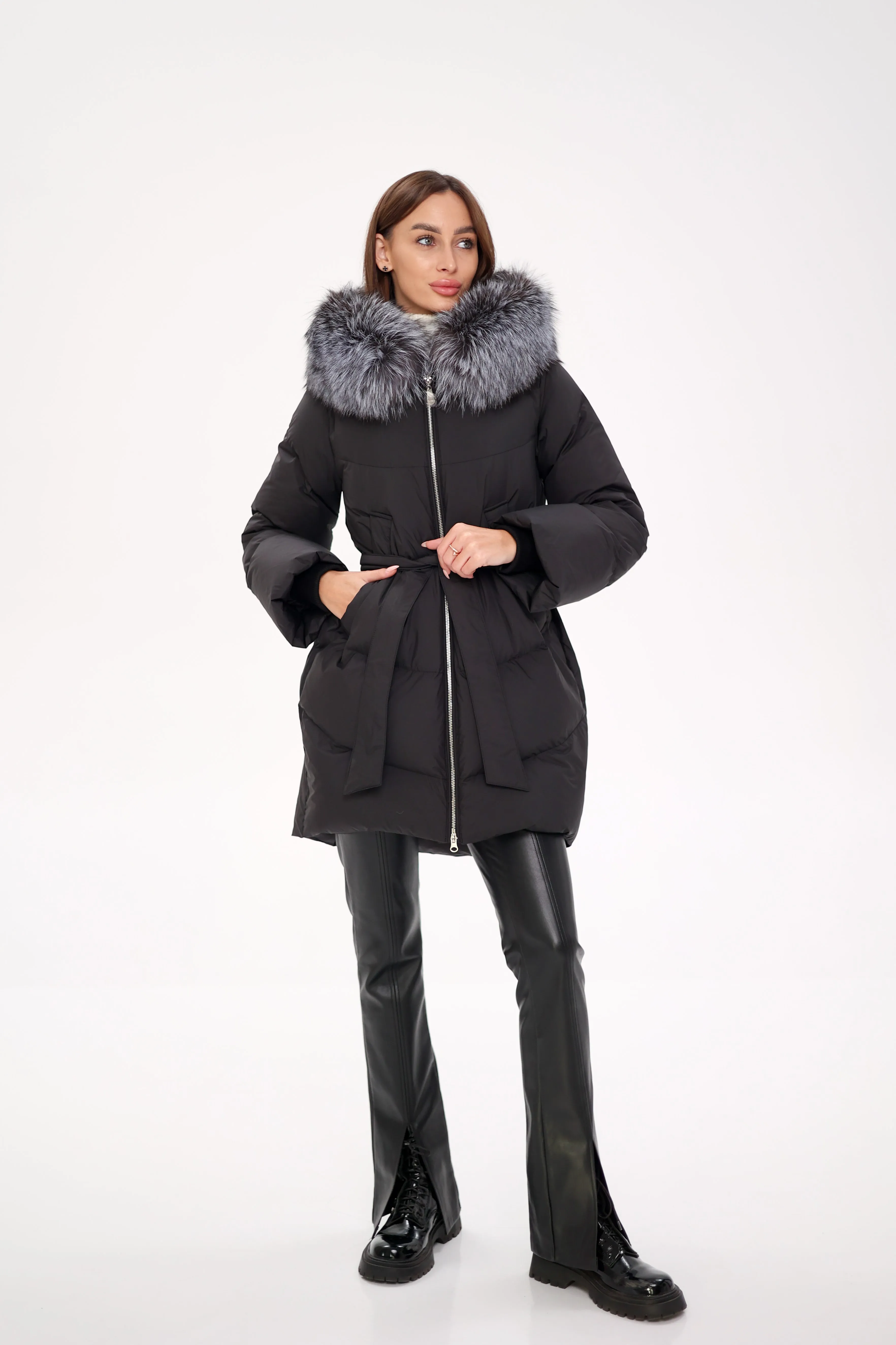 Genuine Silver Fox Fur Trim Down Fill Coat in Black