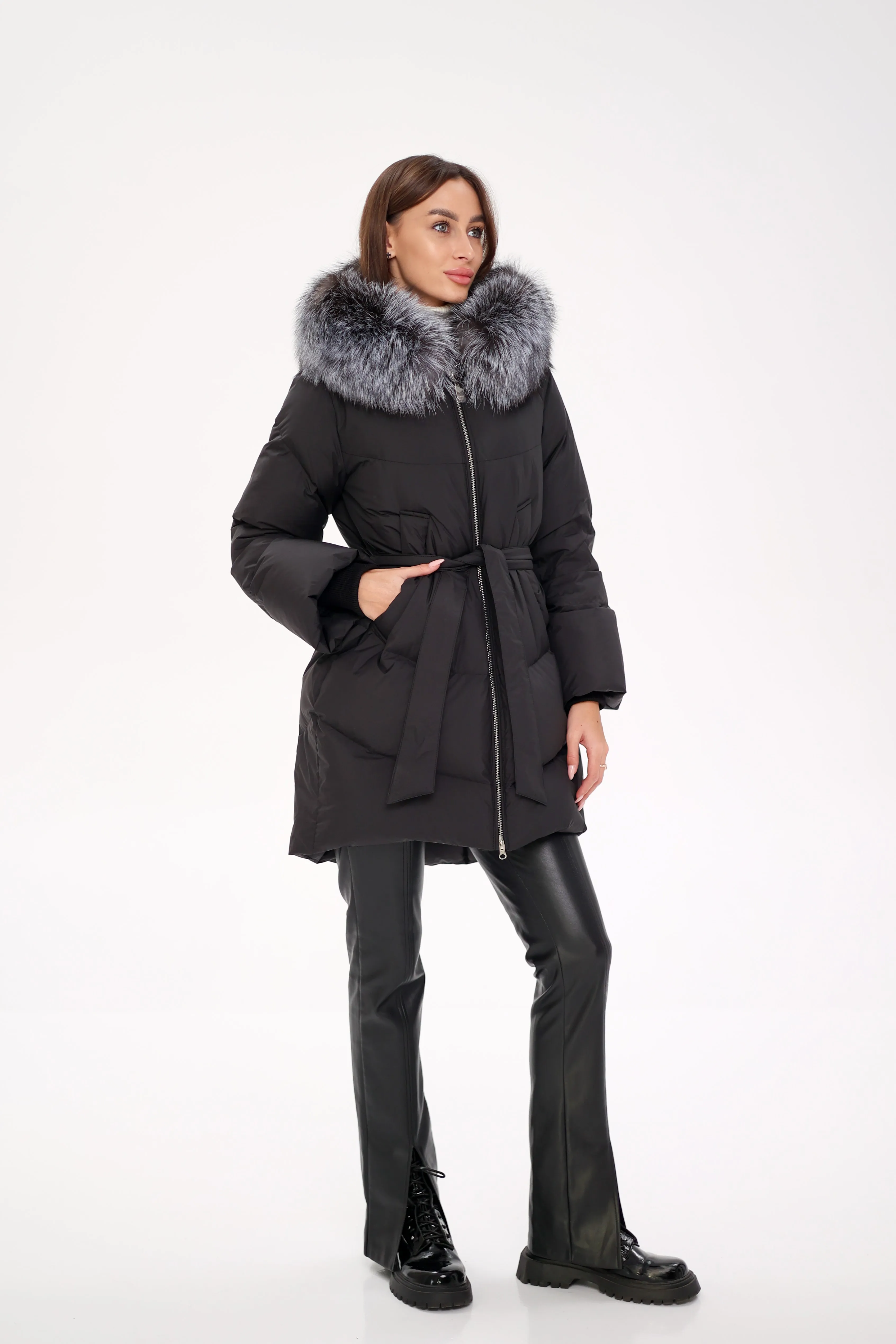 Genuine Silver Fox Fur Trim Down Fill Coat in Black