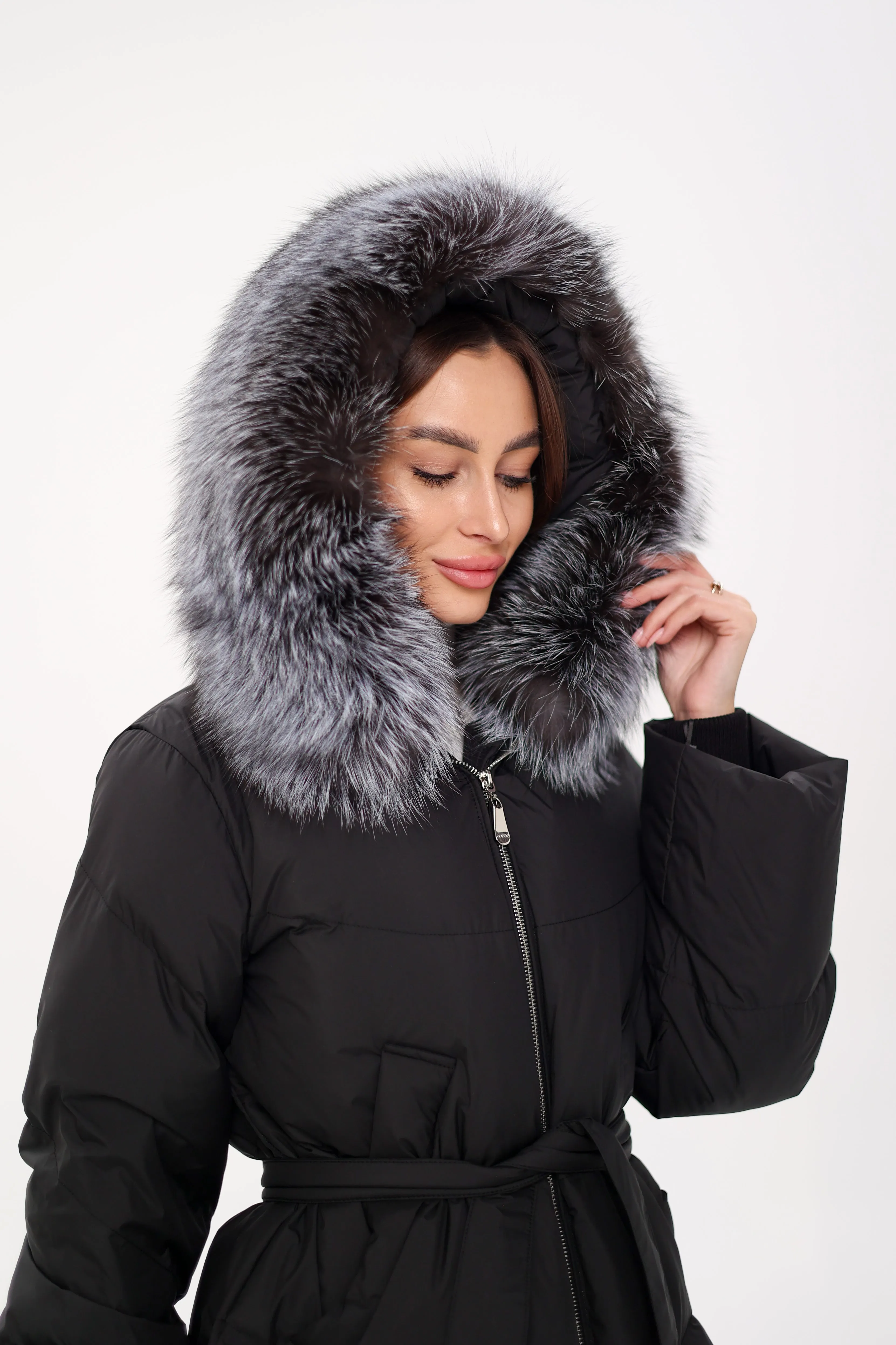 Genuine Silver Fox Fur Trim Down Fill Coat in Black