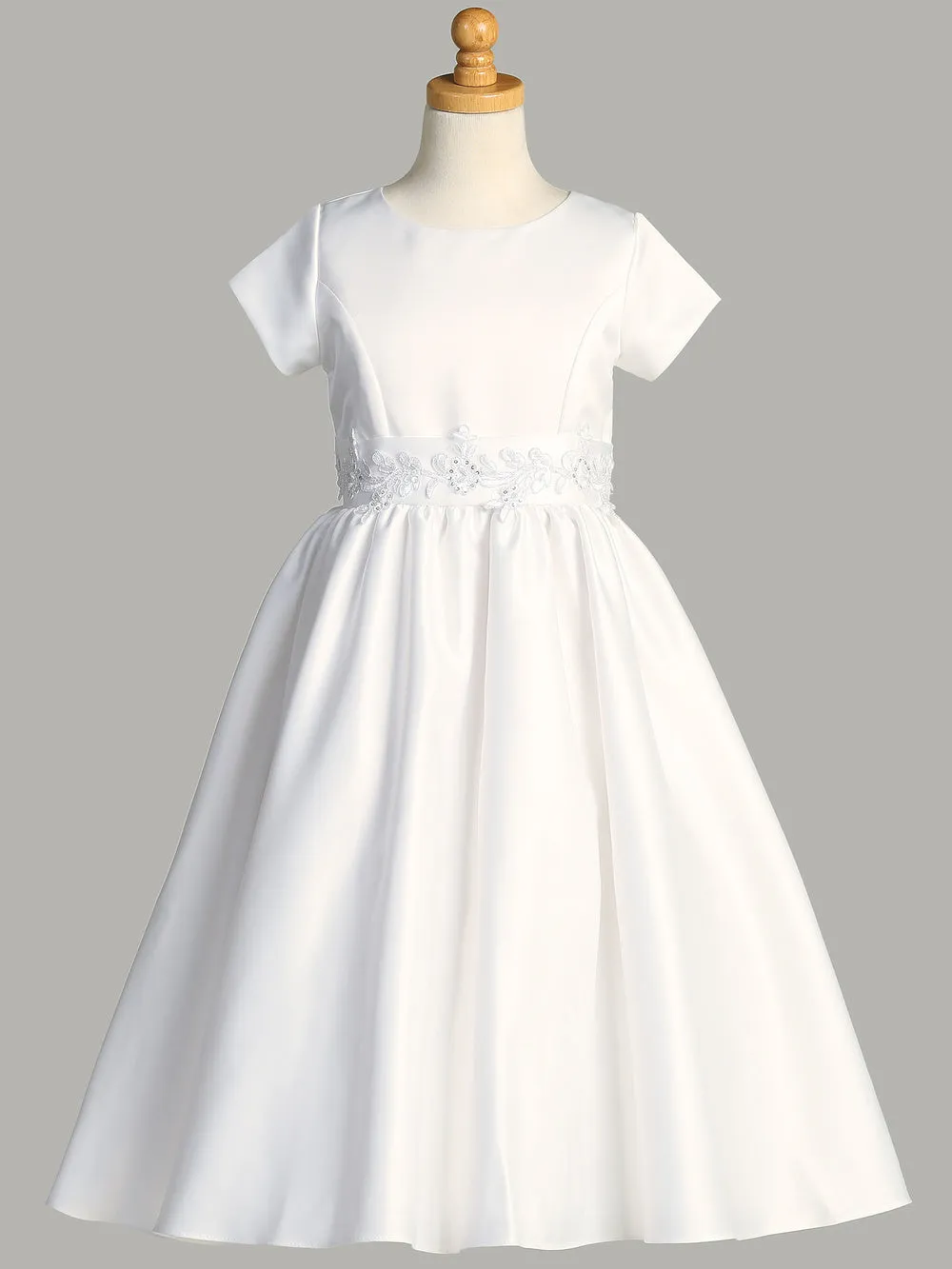 Girls White Satin First Communion Dress w/ Silver Corded Trim (185)