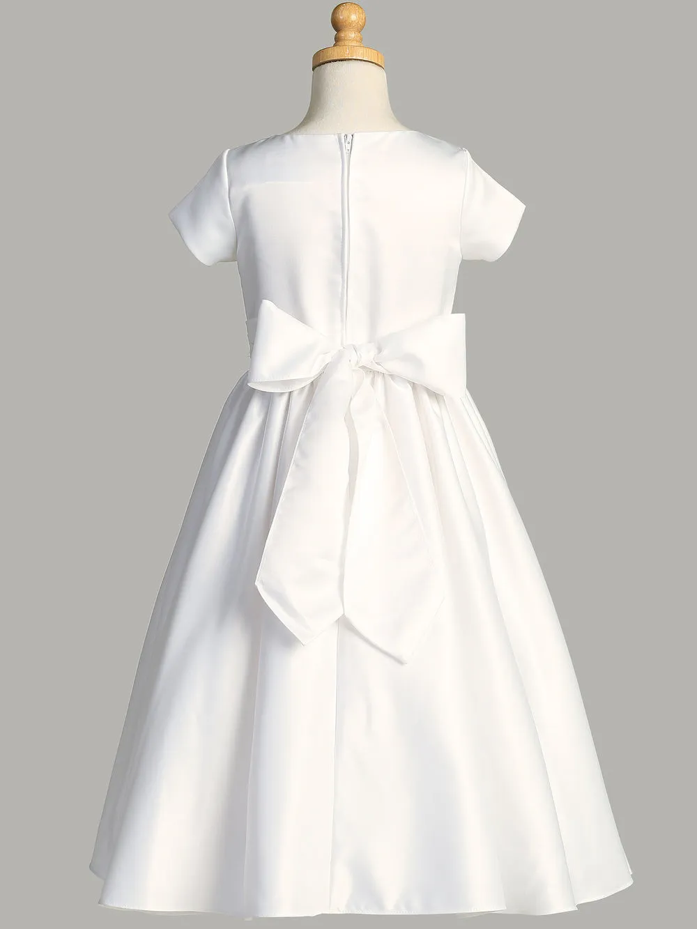 Girls White Satin First Communion Dress w/ Silver Corded Trim (185)