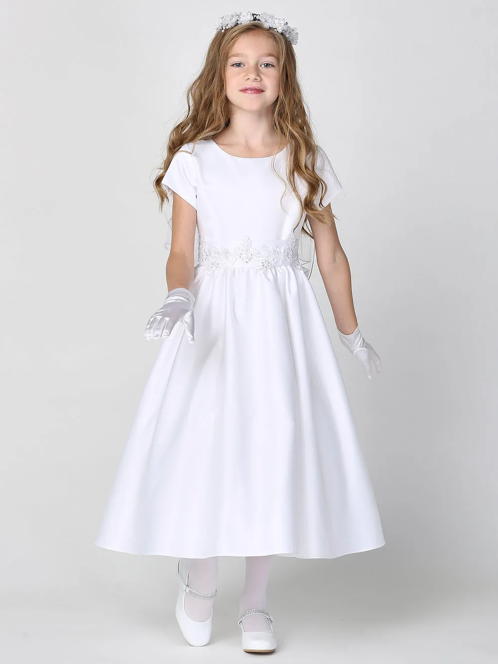 Girls White Satin First Communion Dress w/ Silver Corded Trim (185)